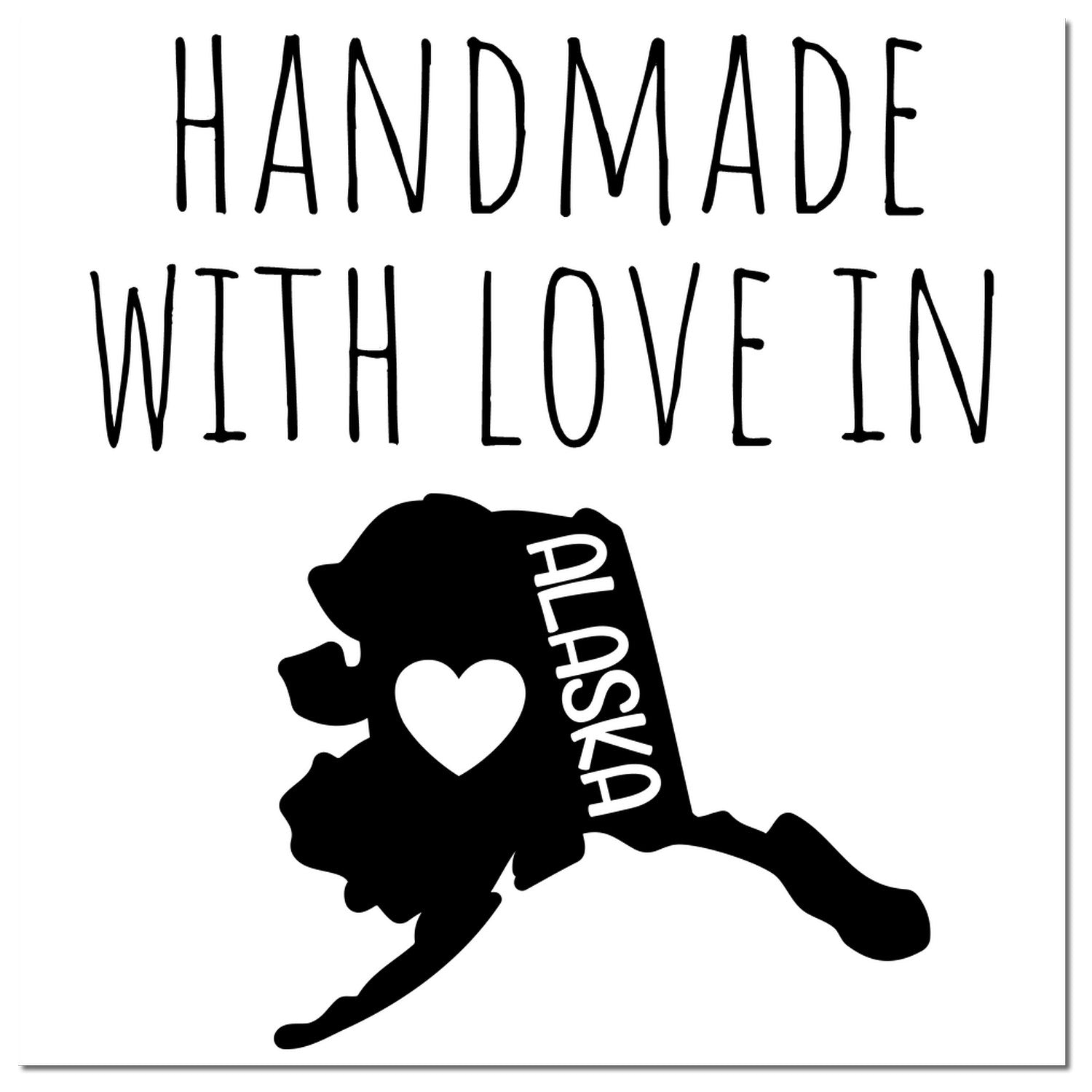 Wood Handle Alaska Handmade with Love Rubber Stamp featuring a heart and 'Alaska' text on a map silhouette, perfect for crafts and gifts.