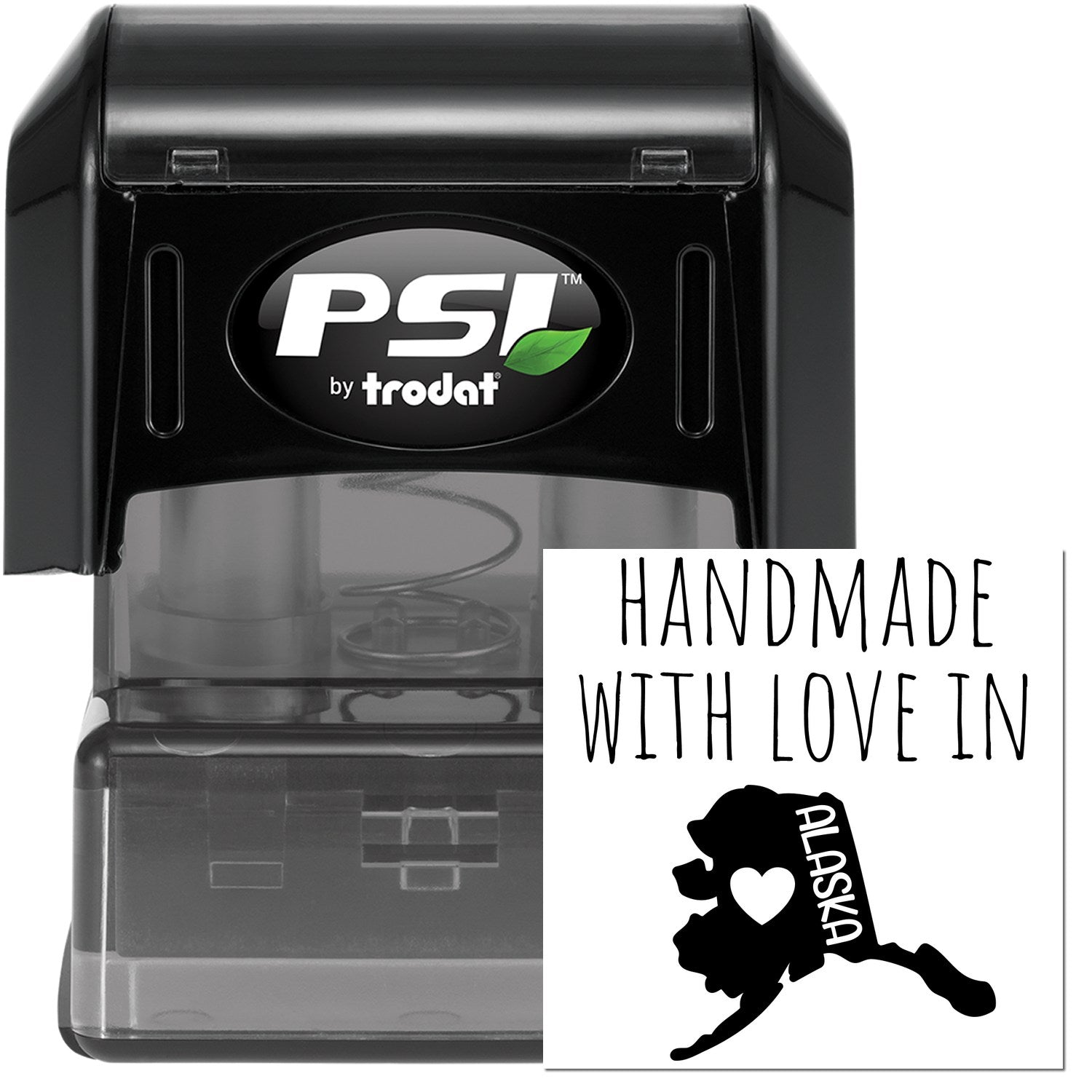 PSI Pre-Inked Handmade with Love in Alaska stamp, featuring a black casing and a design of Alaska with a heart, perfect for personalized crafting and gifts.