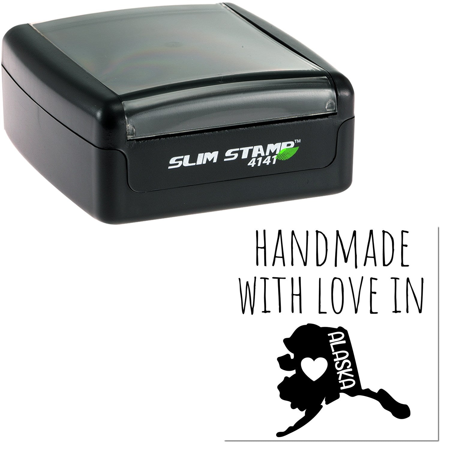 Handmade with Love in Alaska Slim Pre-Inked Stamp, featuring a sleek black design with Slim Stamp 4141 branding, perfect for crafting and personalizing projects.