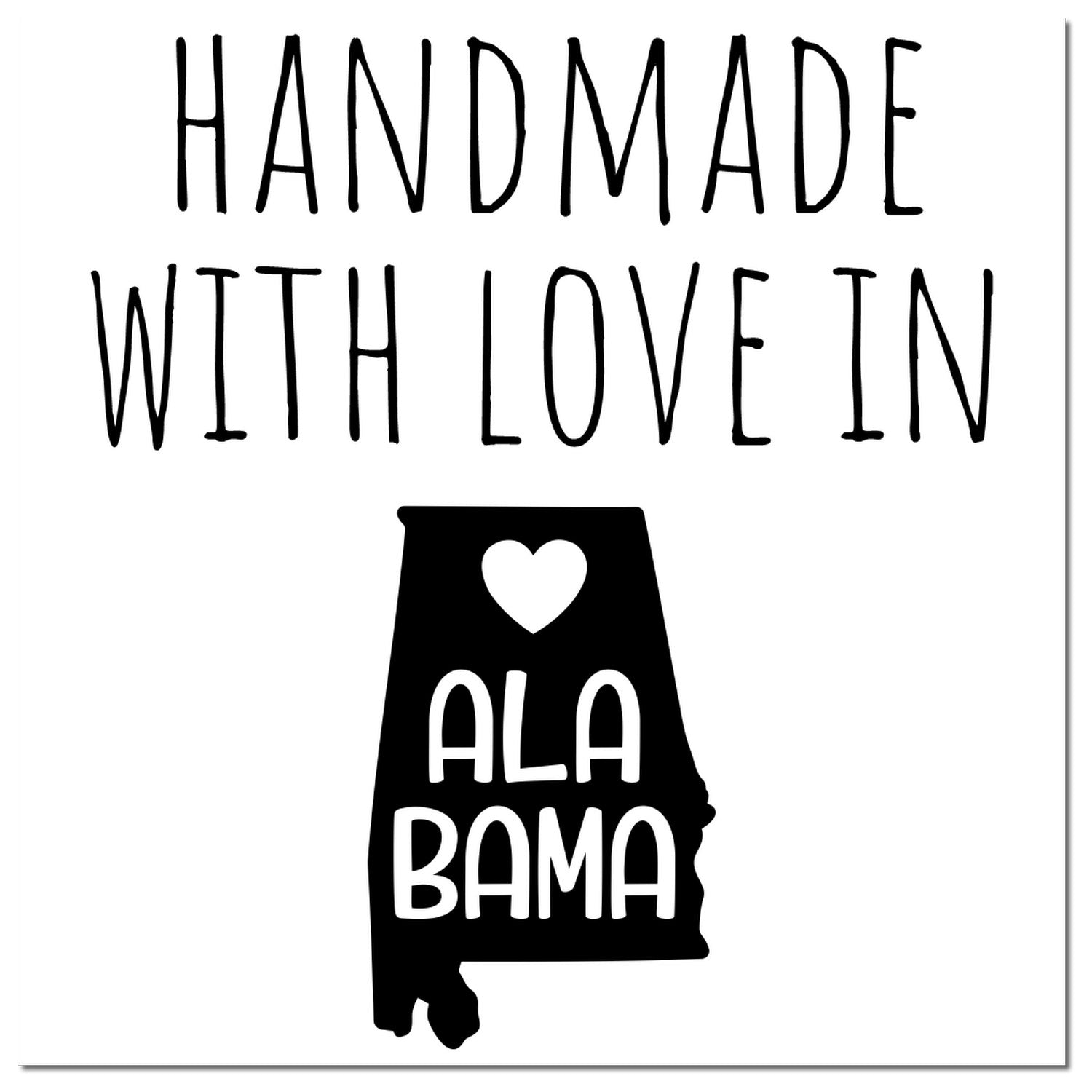 PSI Pre-Inked Handmade with Love in Alabama stamp featuring a black silhouette of Alabama with a heart and text, 'Handmade with Love in Alabama.'