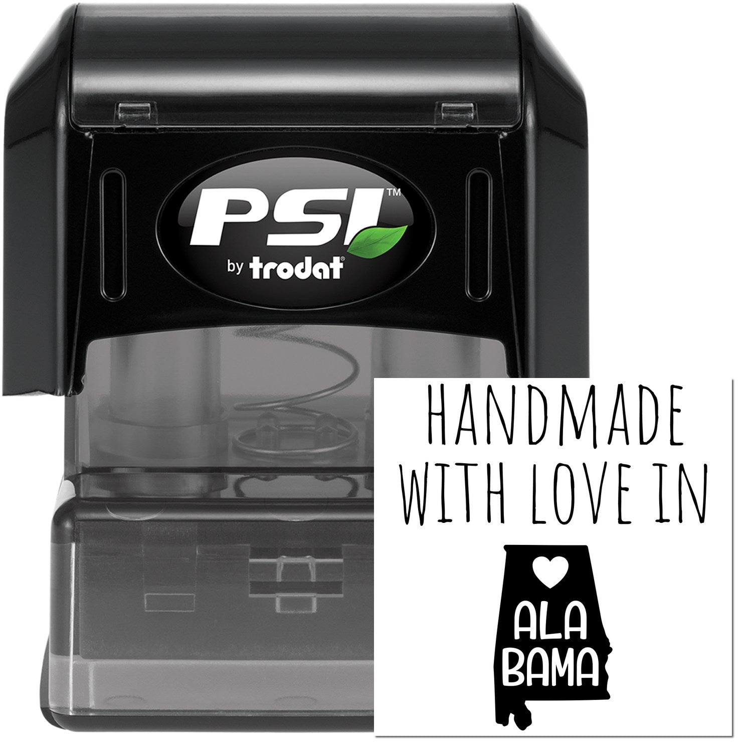 PSI Pre-Inked Handmade with Love in Alabama stamp, featuring a black casing and a design with the state outline and heart symbol. Perfect for personalized stamping needs.