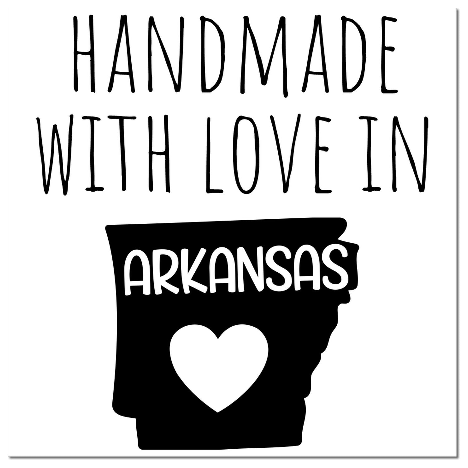 Self-Inking Arkansas Handmade with Love Stamp featuring a heart and state outline, perfect for crafts and gifts. Black imprint design on a white background.