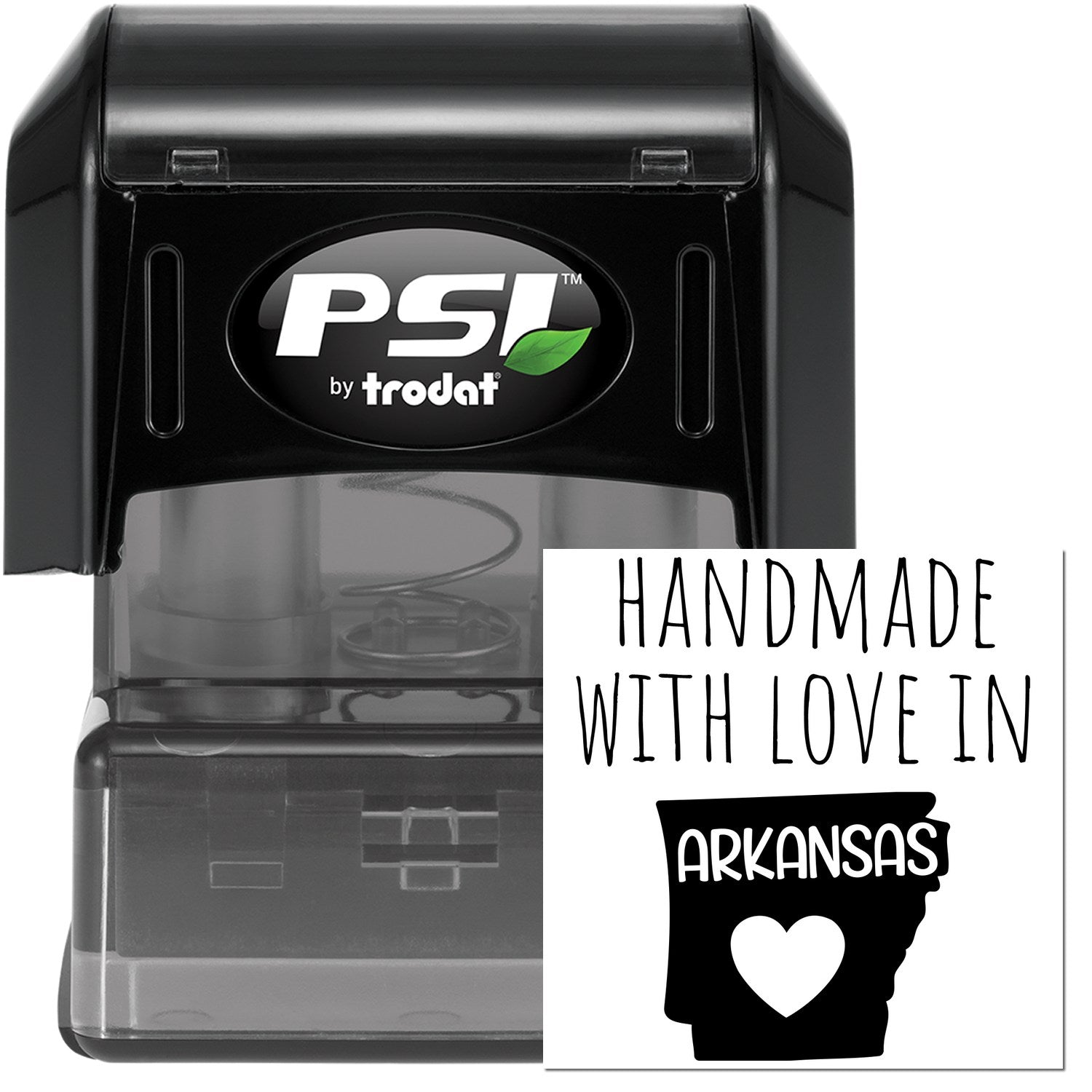 PSI Pre-Inked Handmade with Love in Arkansas stamp, featuring a black casing and a design with 'Handmade with Love in Arkansas' text and heart graphic.