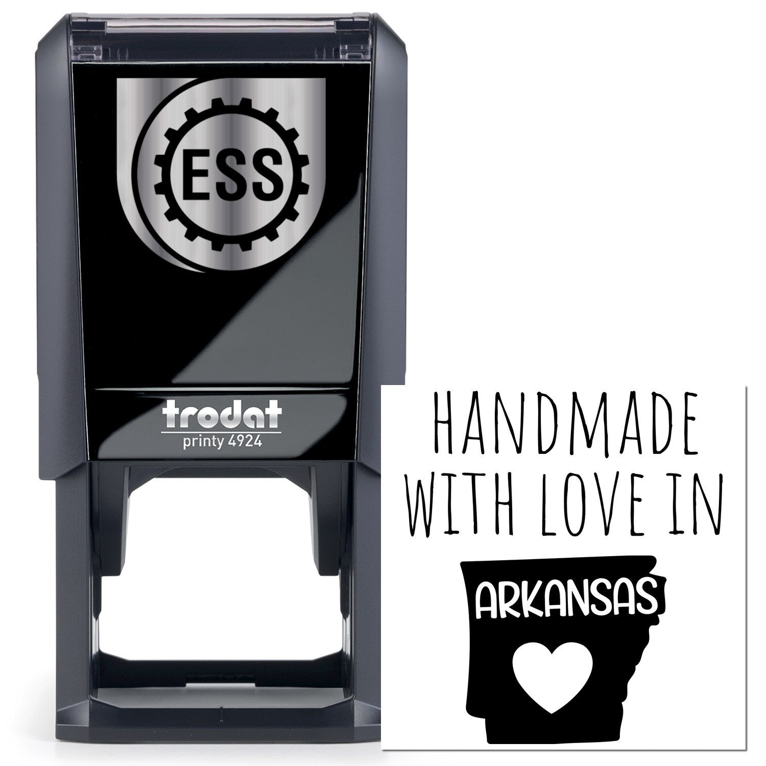 Self-Inking Arkansas Handmade with Love Stamp featuring a black casing and Handmade with Love in Arkansas design. Perfect for crafts and personalized projects.