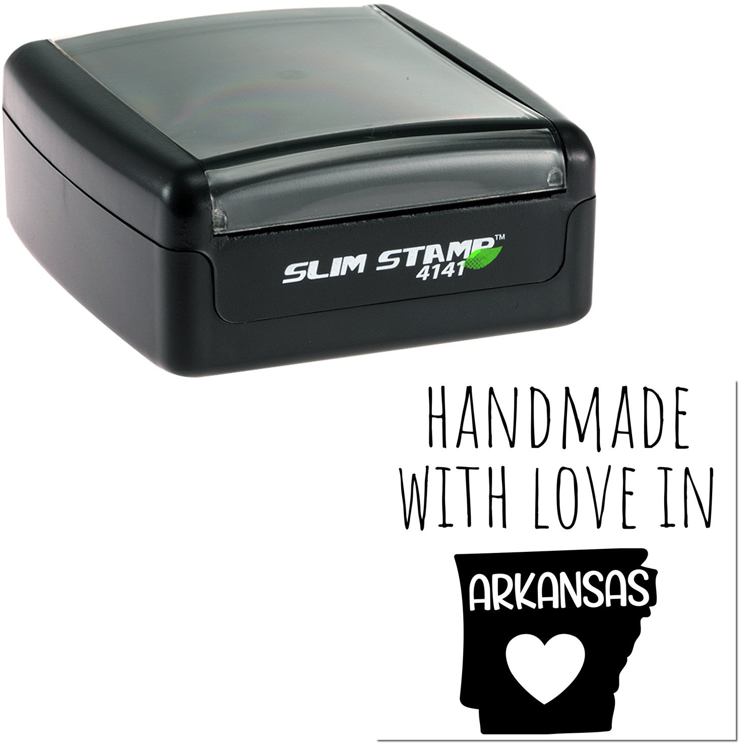 Handmade with Love in Arkansas Slim Pre-Inked Stamp, featuring a sleek black design with Slim Stamp 4141 branding, perfect for crafting and personalizing projects.