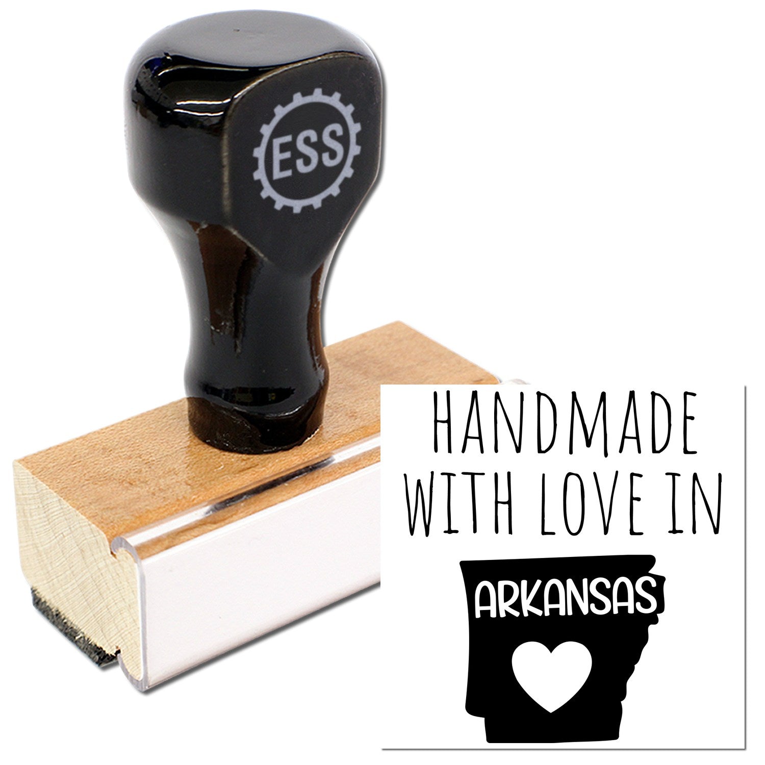 Wood Handle Arkansas Handmade with Love Rubber Stamp featuring a sleek black handle, wooden base, and Handmade with Love in Arkansas design. Perfect for crafting and personalizing projects.