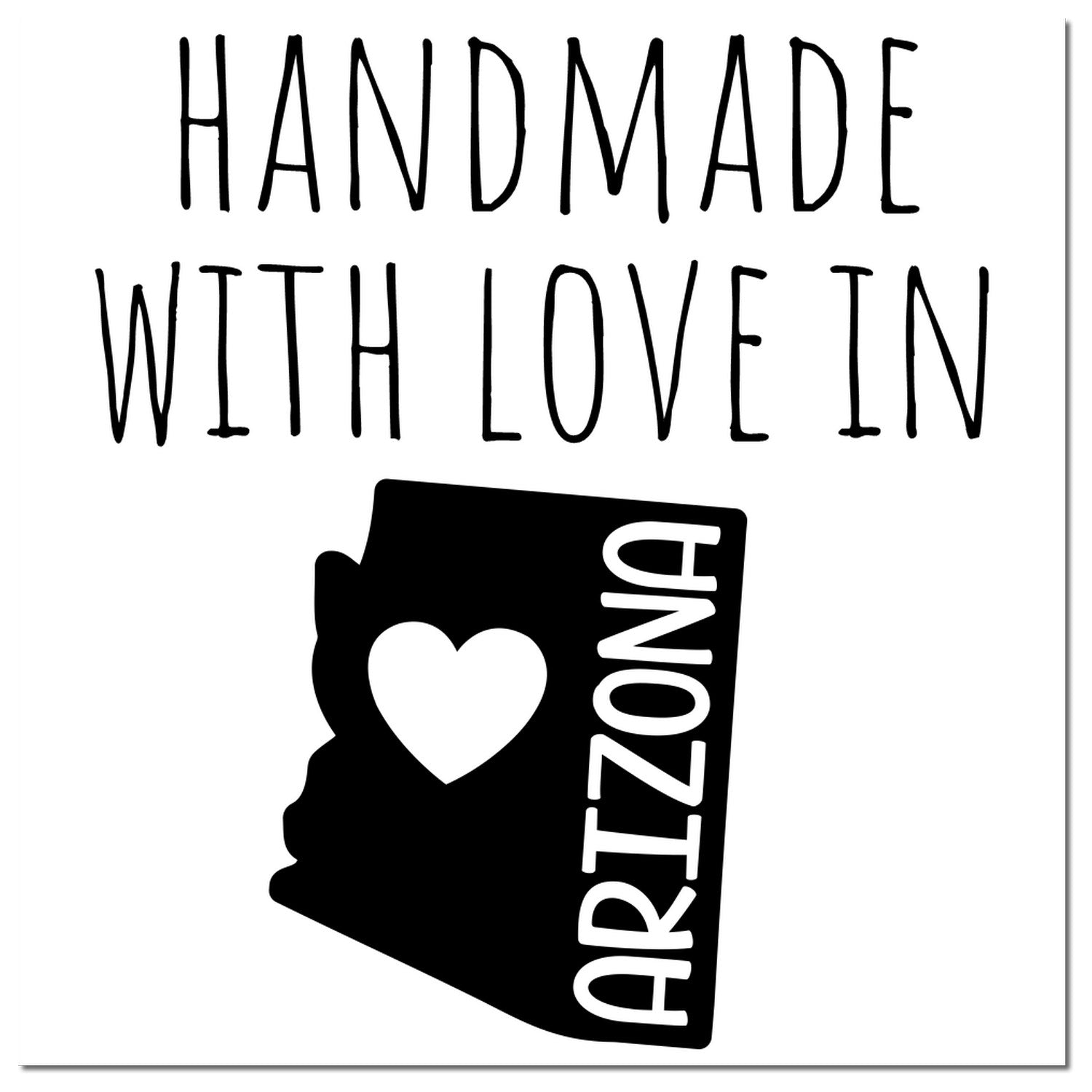 Handmade with Love in Arizona Slim Pre-Inked Stamp featuring a heart and Arizona state outline design in black. Perfect for crafts and personalized projects.