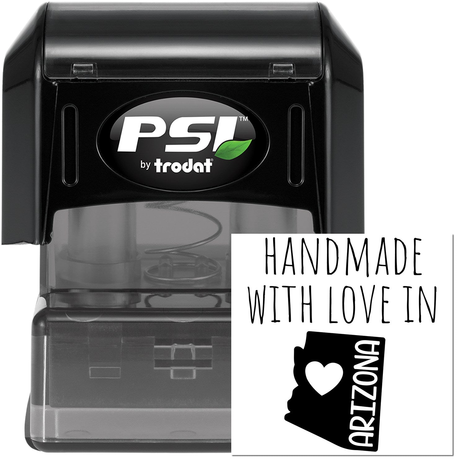 PSI Pre-Inked Handmade with Love in Arizona stamp, featuring a black casing and a design with a heart and Arizona state outline. Perfect for personalized stamping needs.