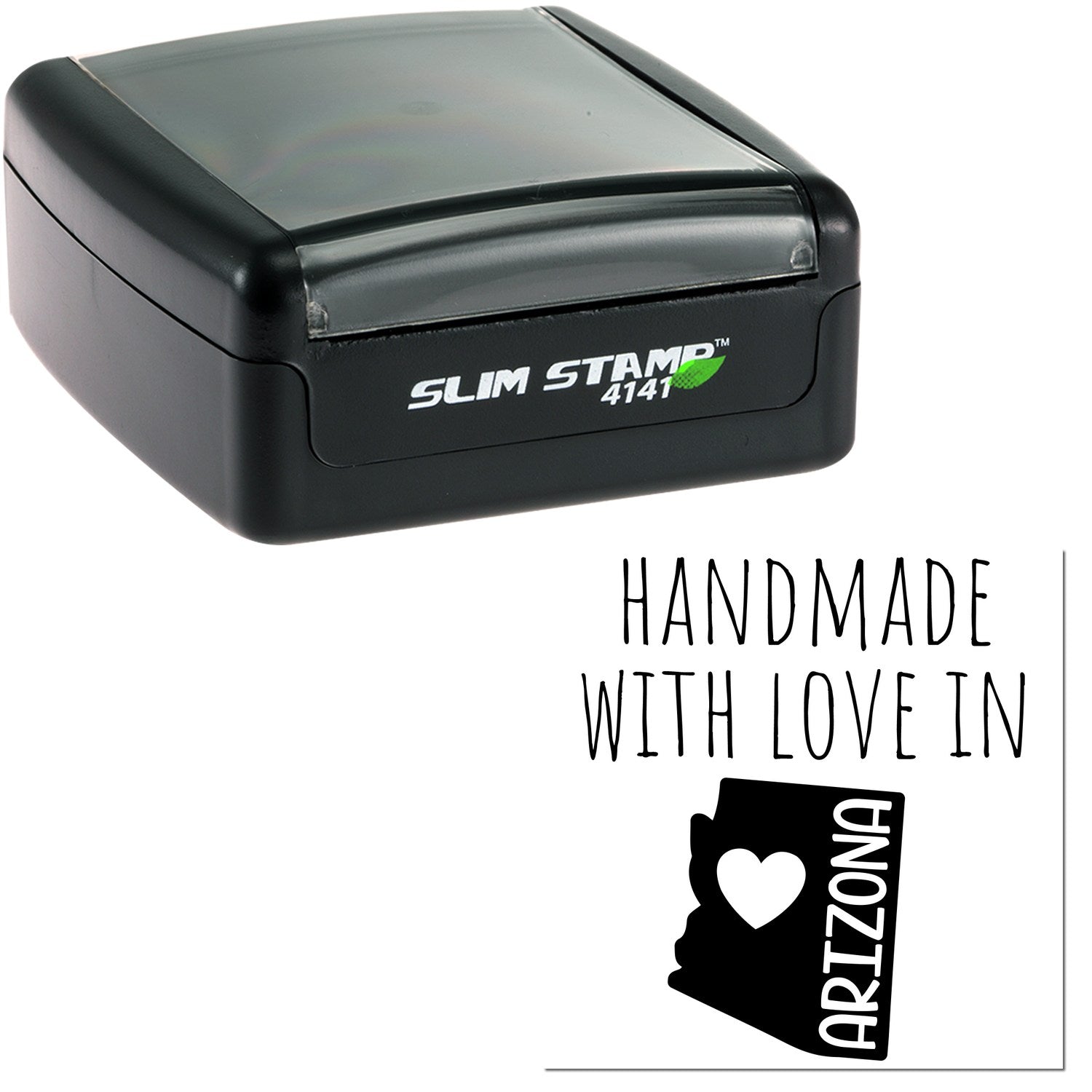 Handmade with Love in Arizona Slim Pre-Inked Stamp, featuring a sleek black design with 'Slim Stamp 4141' branding and a heart-shaped Arizona graphic.