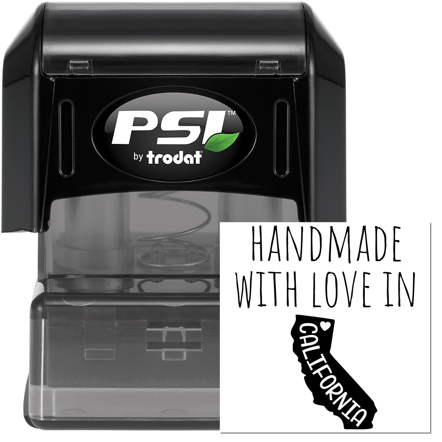 PSI Pre-Inked Handmade with Love in California stamp, featuring a black casing and clear base, with a design of California and heart graphic.