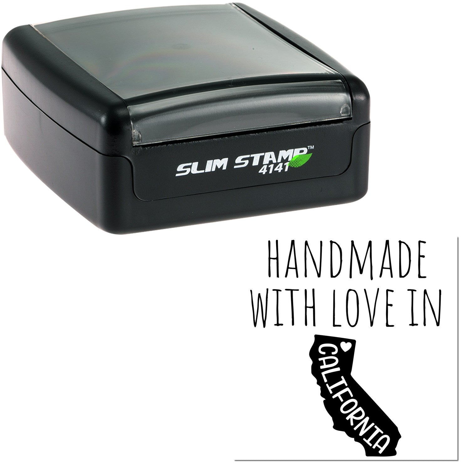 Handmade with Love in California Slim Pre-Inked Stamp, black, compact design with 'Slim Stamp 4141' label, featuring a California map graphic. Ideal for efficient stamping.