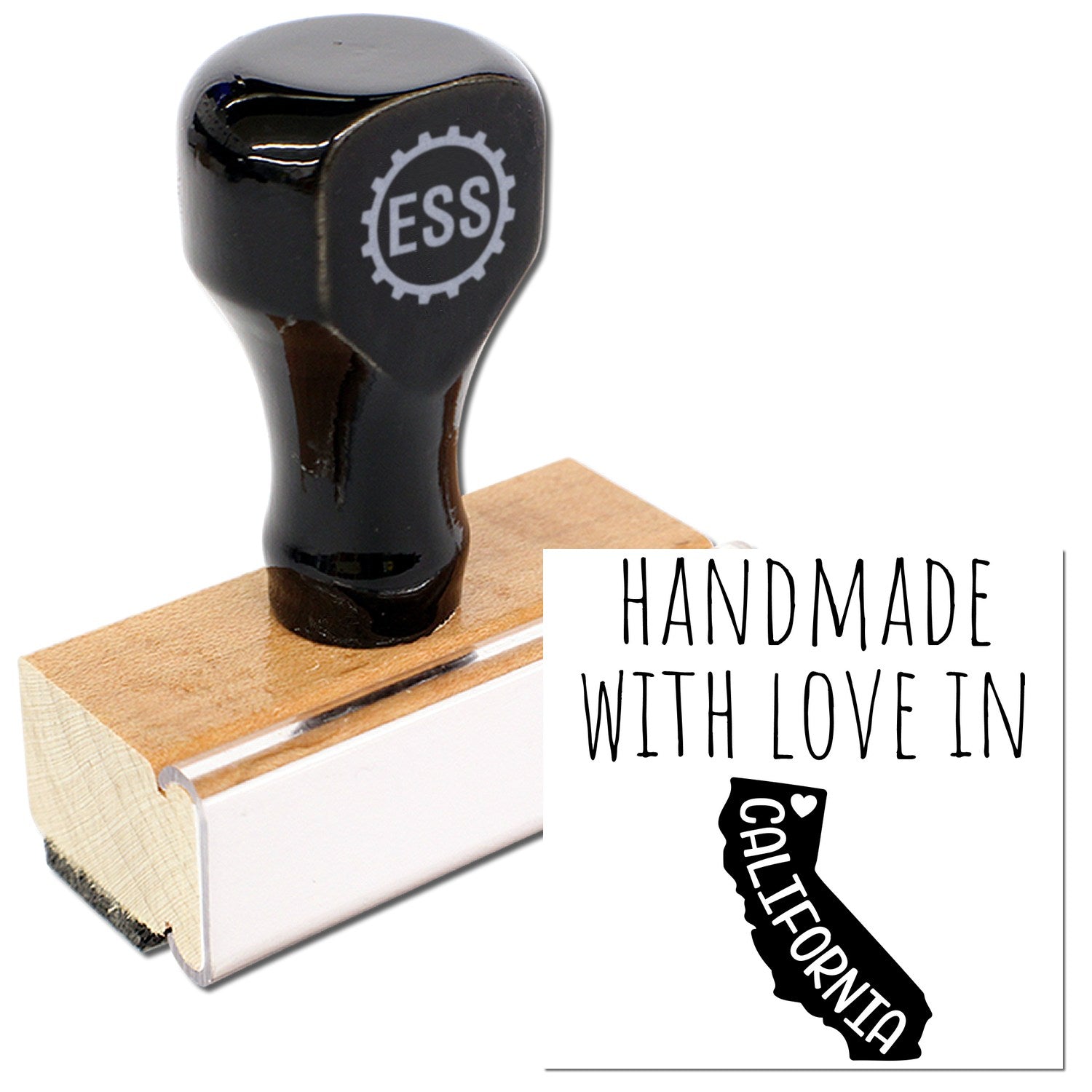 Wood Handle California Handmade with Love Rubber Stamp featuring a black top with ESS logo, wooden base, and Handmade with Love in California text beside a state outline.