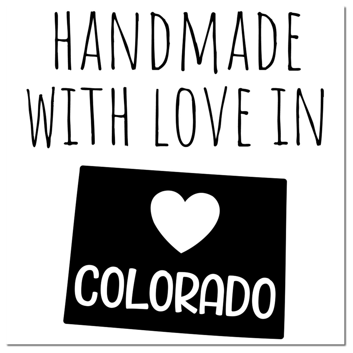 Self-Inking Colorado Handmade with Love Stamp featuring a heart and Colorado state outline, perfect for crafts and gifts. Black ink imprint on a white background.