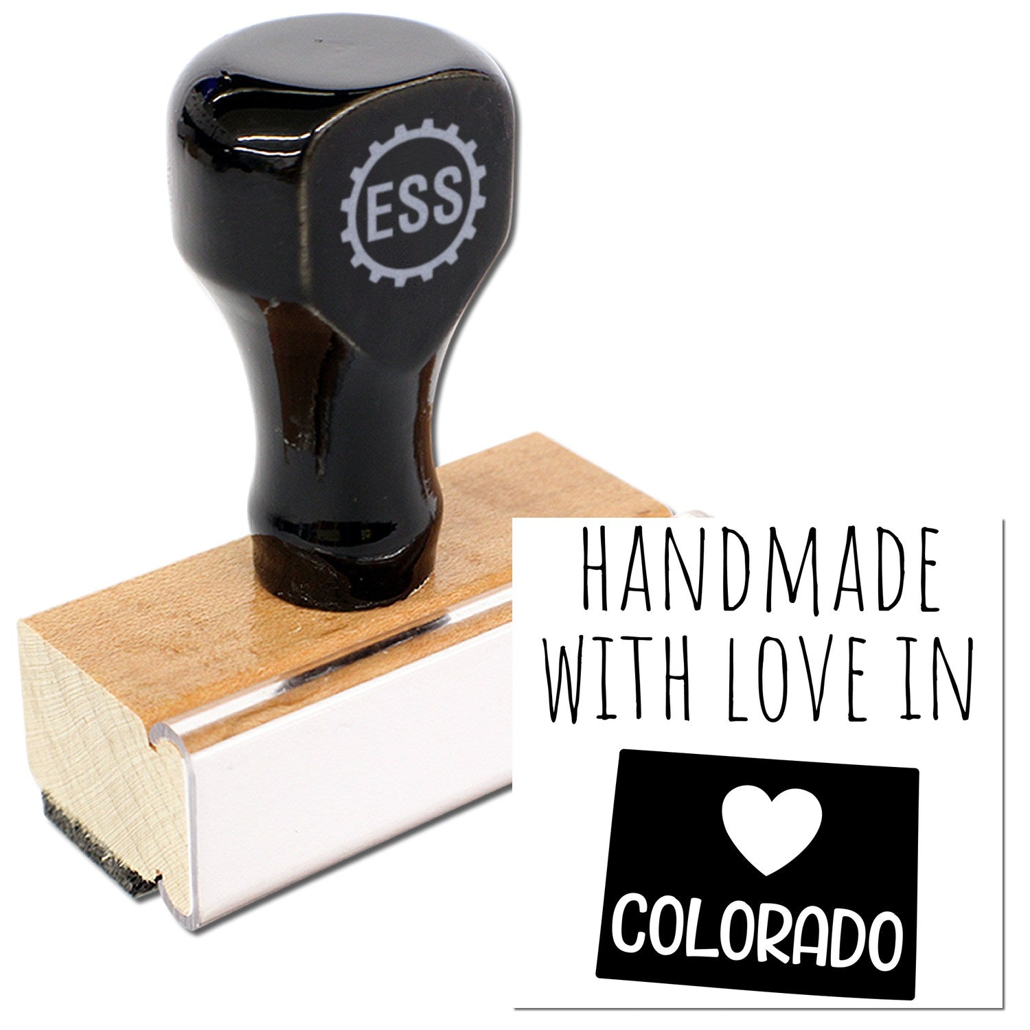 Wood Handle Colorado Handmade with Love Rubber Stamp featuring a sleek black top and natural wood base, perfect for adding a personal touch to crafts and stationery.