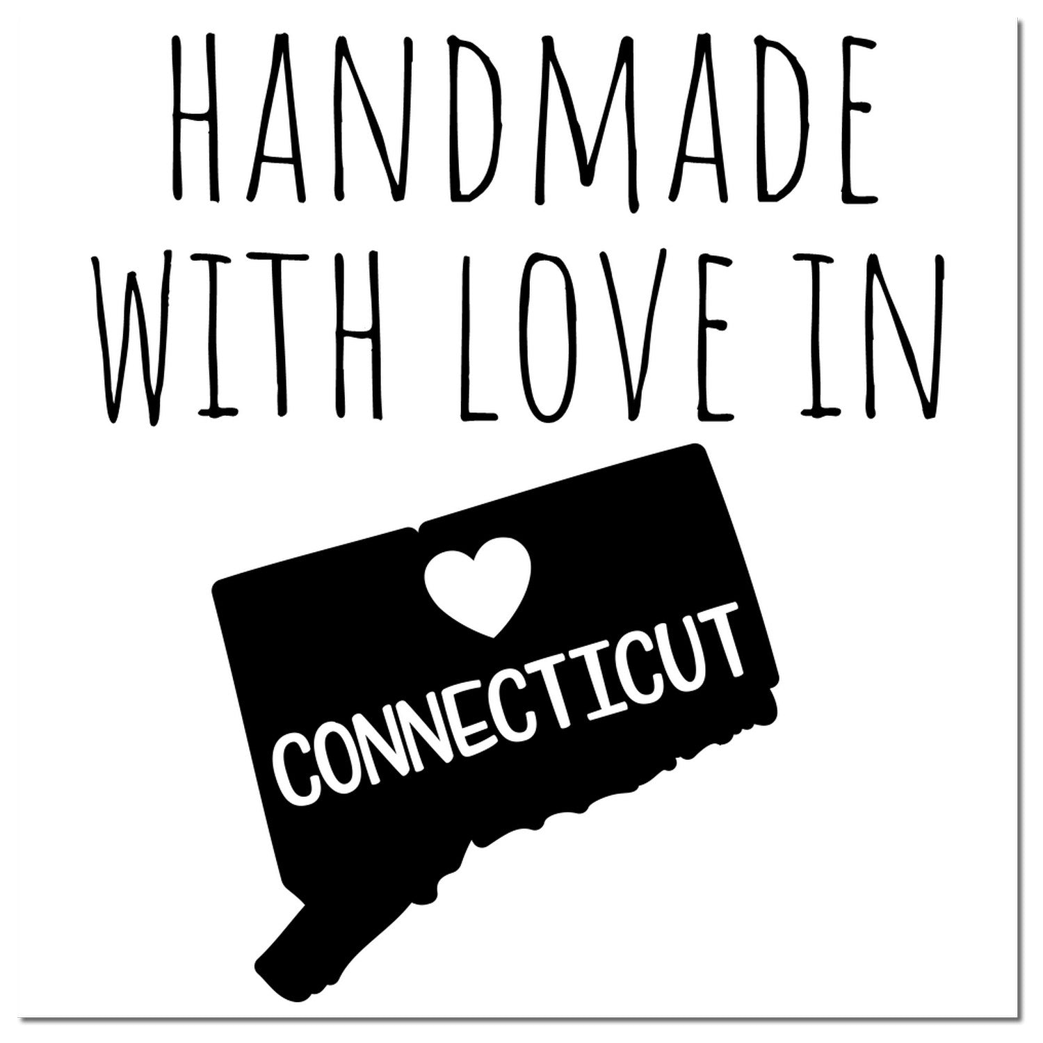 Self-Inking Connecticut Handmade with Love Stamp featuring a heart and state outline, perfect for crafts and gifts. Black ink imprint with 'Handmade with Love in Connecticut' text.