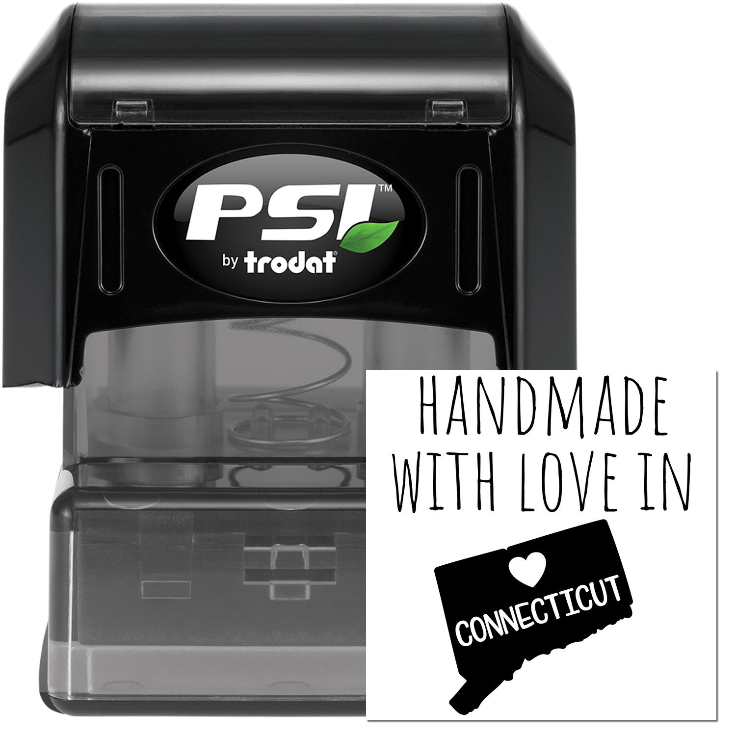 PSI Pre-Inked Handmade with Love in Connecticut stamp, featuring a black casing and a design with a heart over the state of Connecticut.