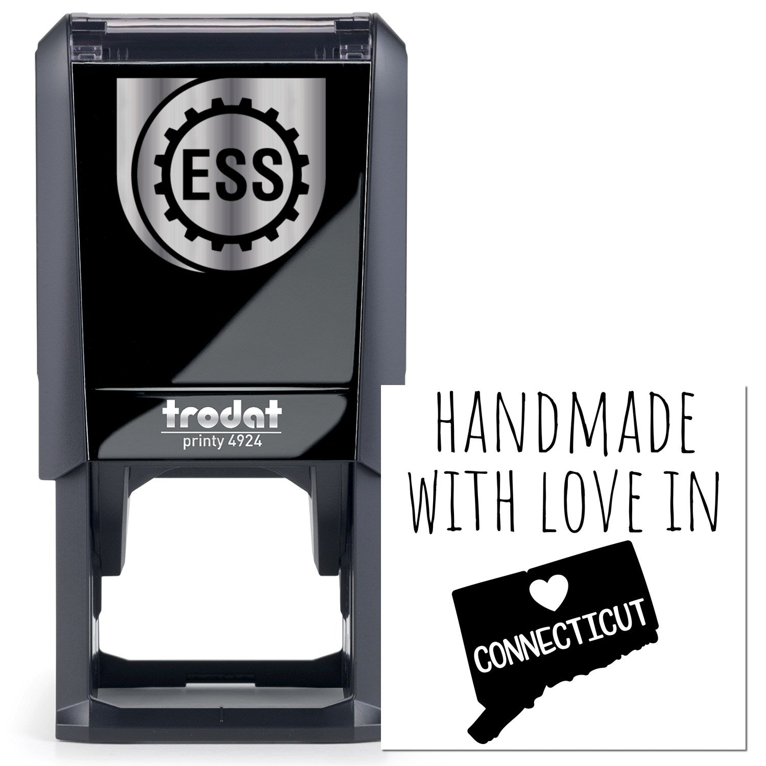 Self-Inking Connecticut Handmade with Love Stamp featuring a black casing and Handmade with Love in Connecticut text with a heart and state outline. Perfect for crafts and gifts.