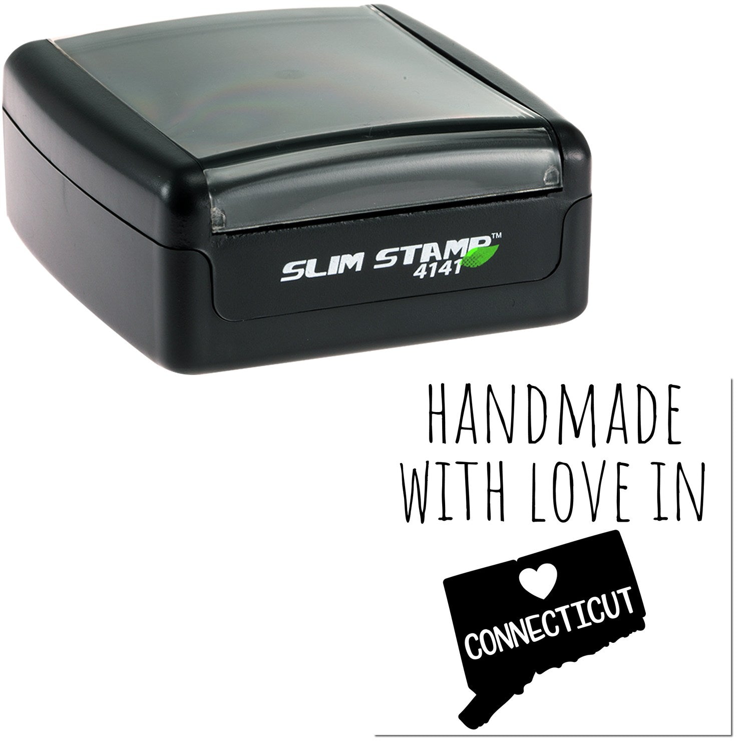 Handmade with Love in Connecticut Slim Pre-Inked Stamp, featuring a sleek black design with 'Slim Stamp 4141' branding, and a heart over a Connecticut map graphic.