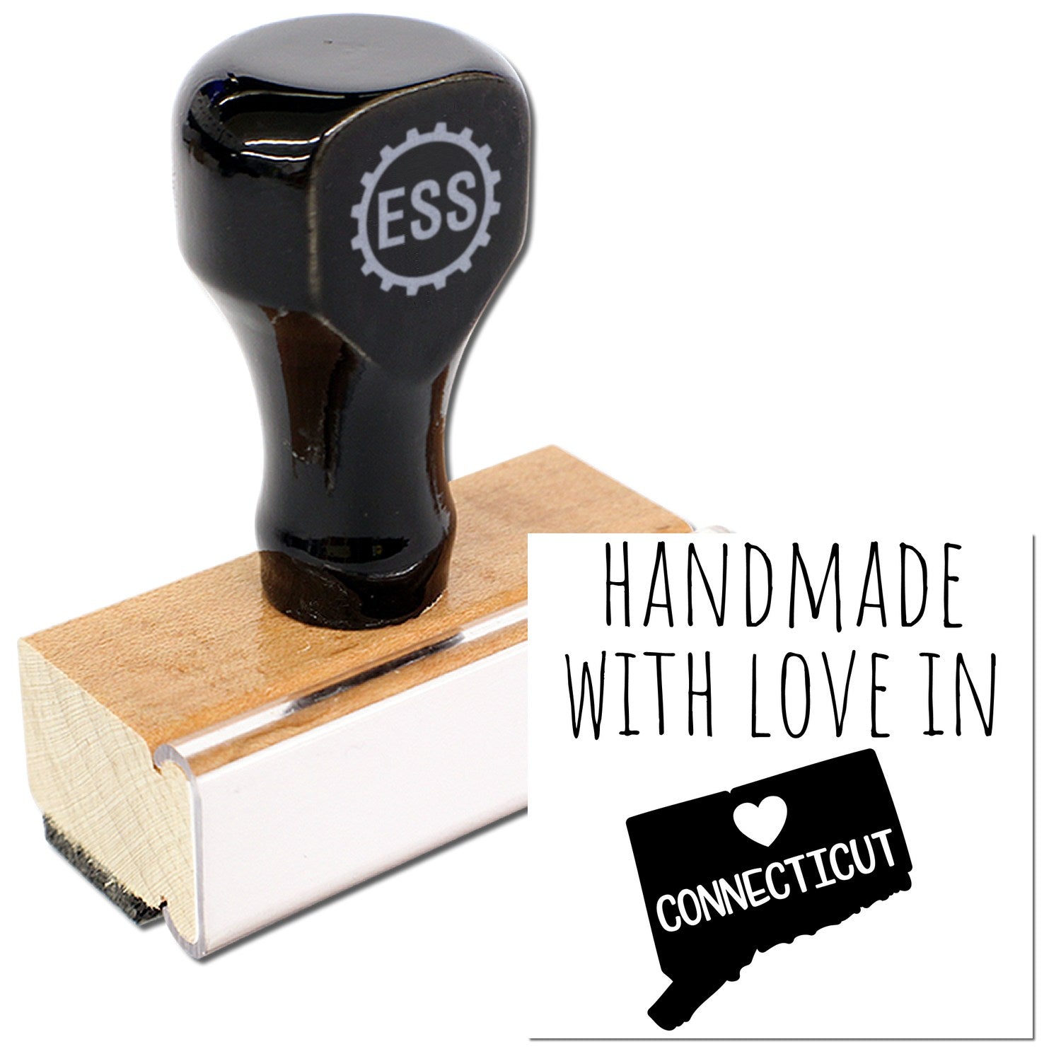 Wood Handle Connecticut Handmade with Love Rubber Stamp featuring a black top with 'ESS' logo, wooden base, and 'Handmade with Love in Connecticut' imprint design.