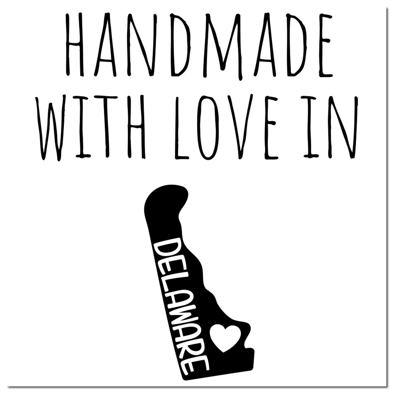 Wood Handle Delaware Handmade with Love Rubber Stamp featuring a silhouette of Delaware with 'Handmade with Love' text. Perfect for crafts and personalized projects.