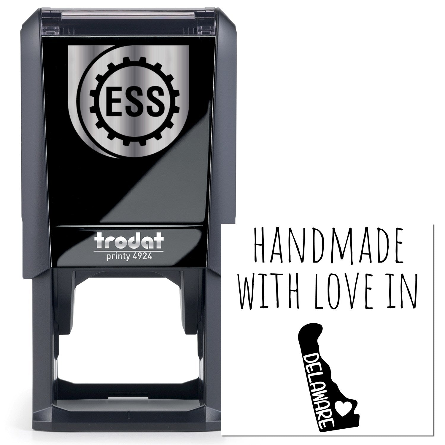 Self-Inking Delaware Handmade with Love Stamp featuring a sleek black design and Handmade with Love in Delaware text, perfect for crafts and gifts.