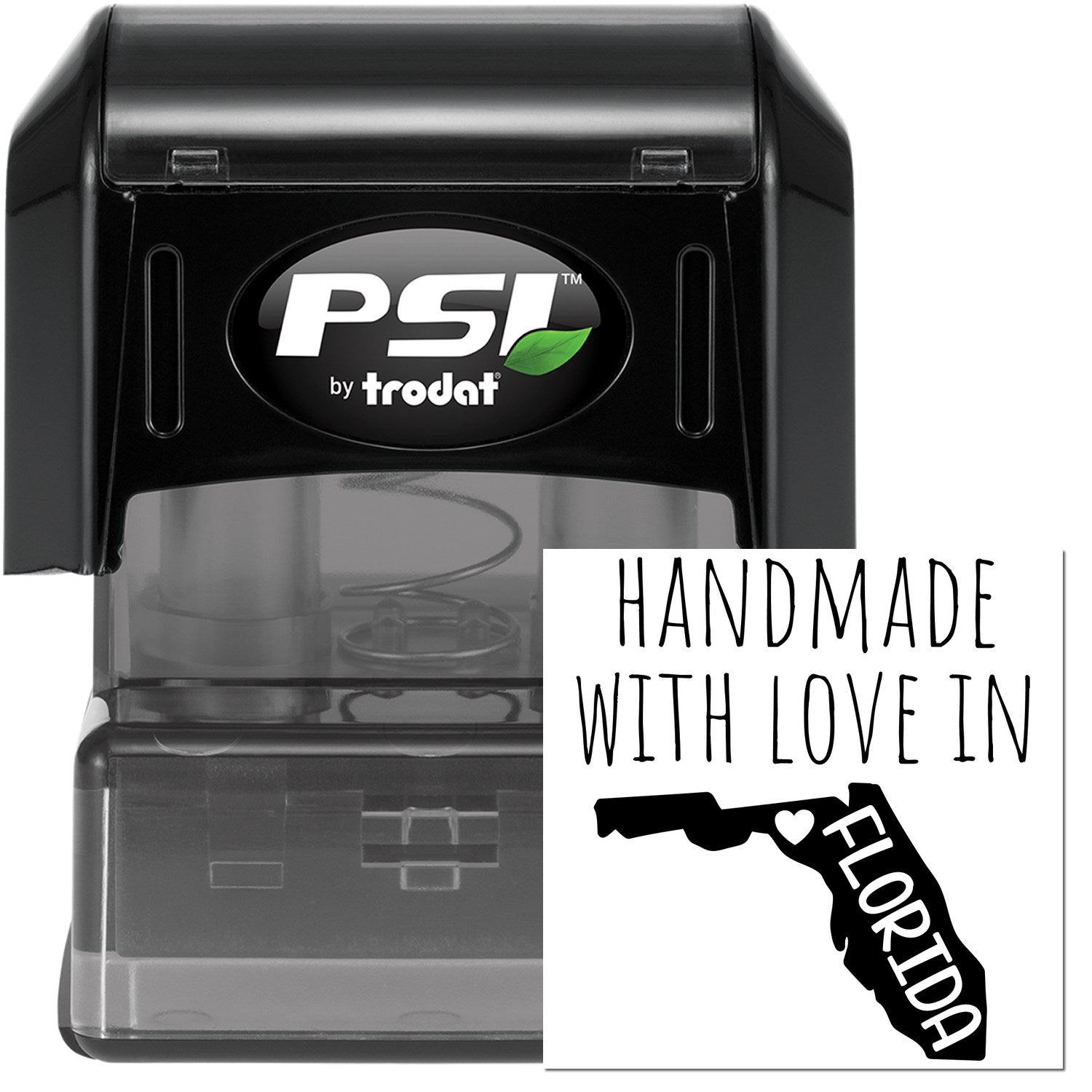 PSI Pre-Inked Handmade with Love in Florida stamp, featuring a black casing and a design with the state of Florida and heart graphic.