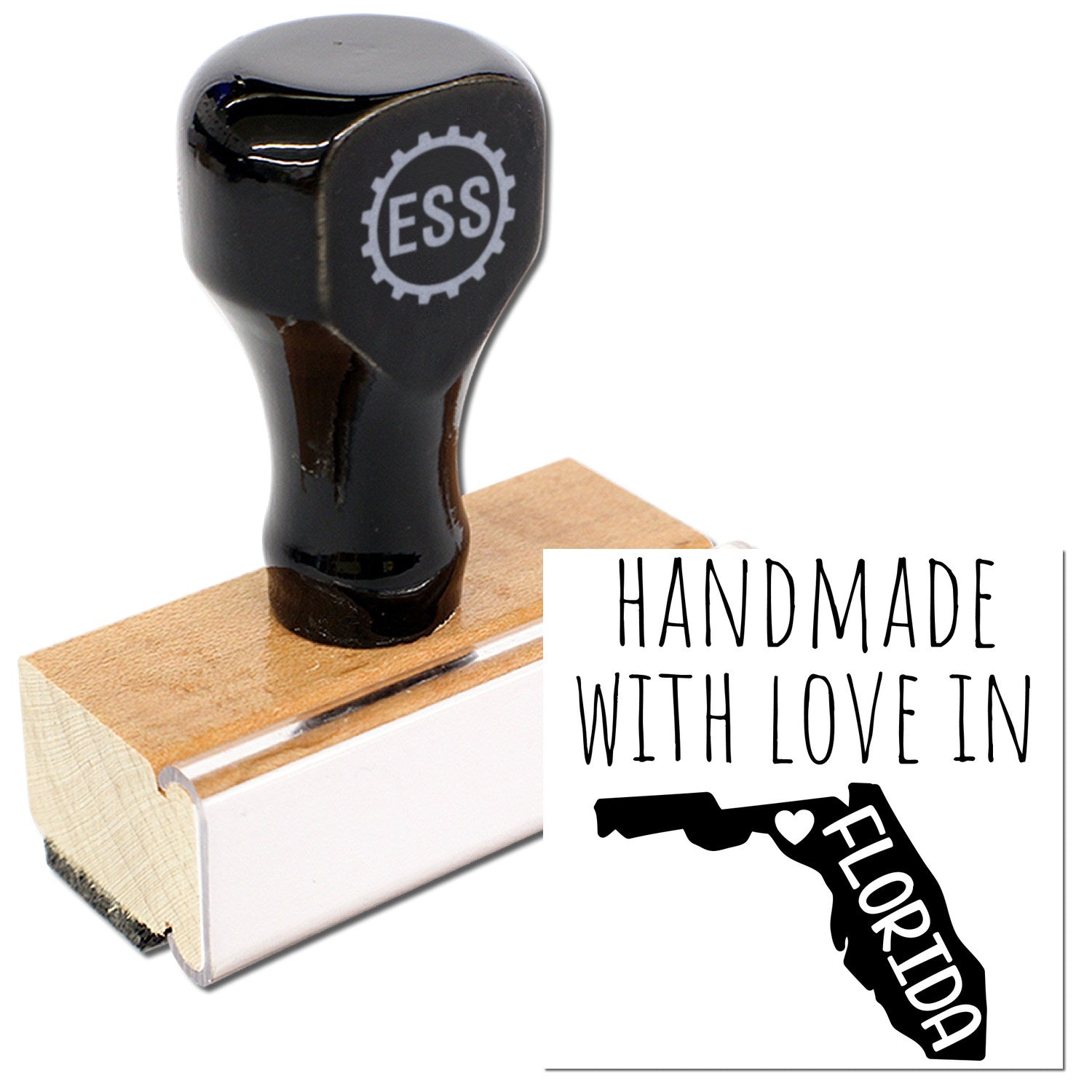 Wood Handle Florida Handmade with Love Rubber Stamp featuring a black handle and wooden base, alongside a Handmade with Love in Florida imprint design. Perfect for crafts and gifts.