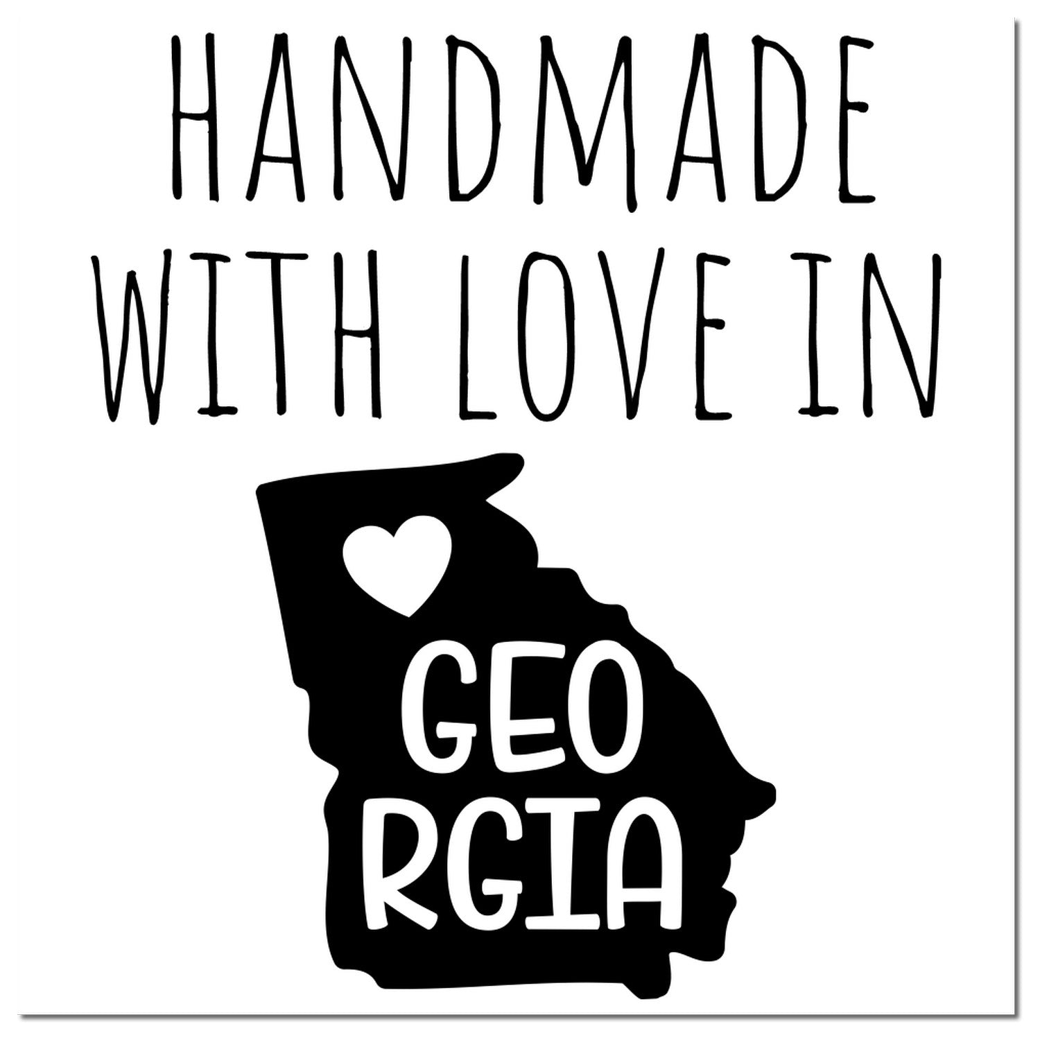 Self-Inking Georgia Handmade with Love Stamp featuring a heart and Georgia state outline, perfect for crafts and gifts. Black imprint design.