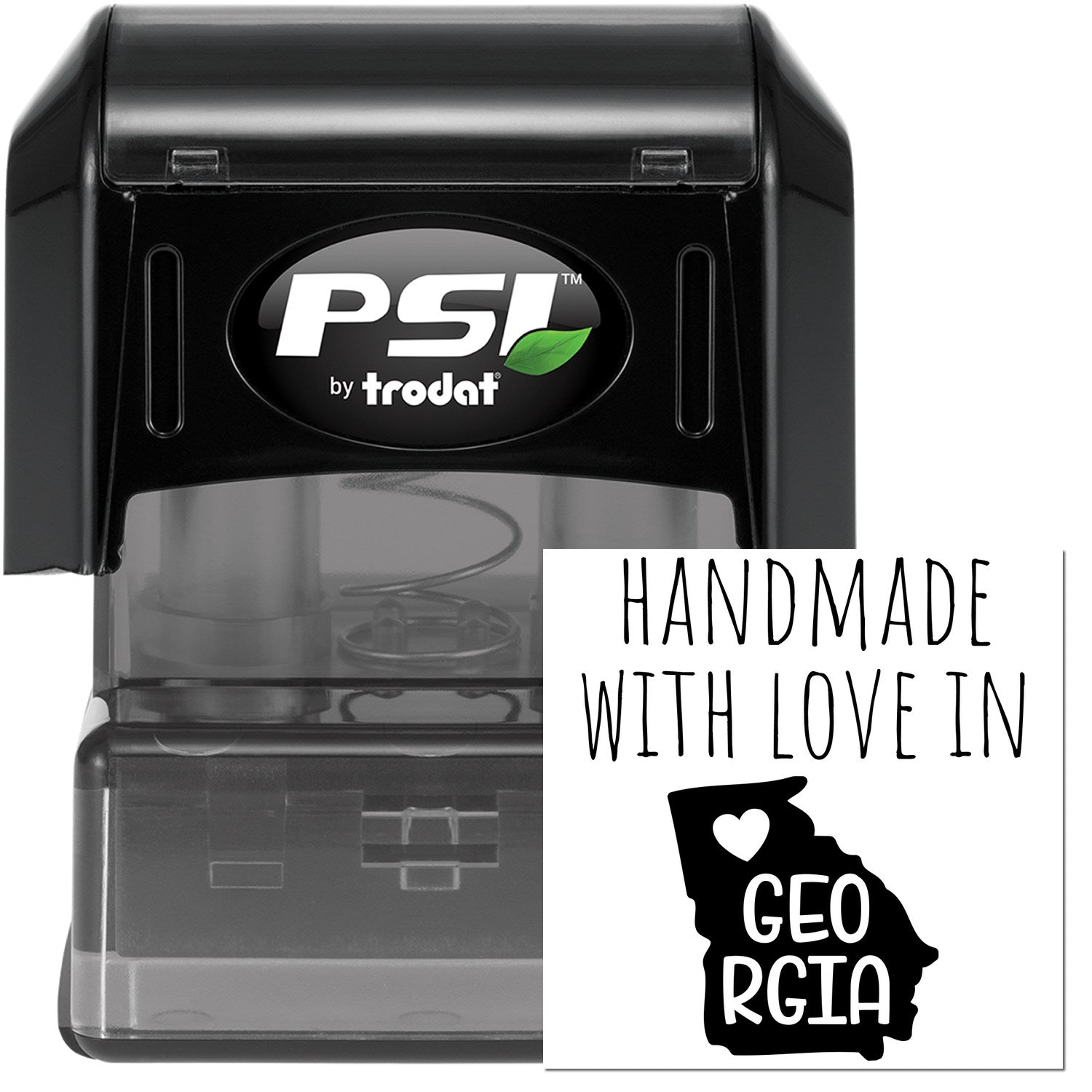 PSI Pre-Inked Handmade with Love in Georgia stamp, featuring a black casing and a design with the state outline and heart. Perfect for personalized crafting and gifts.