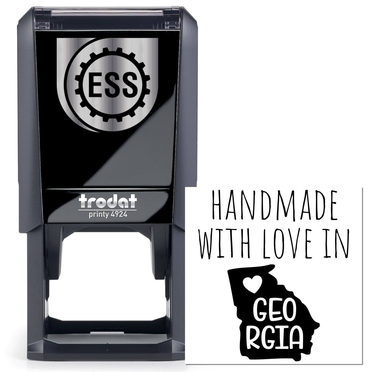 Self-Inking Georgia Handmade with Love Stamp featuring a black Trodat printy with 'ESS' logo and a stamp design of Georgia state outline with heart. Perfect for personalized crafts.