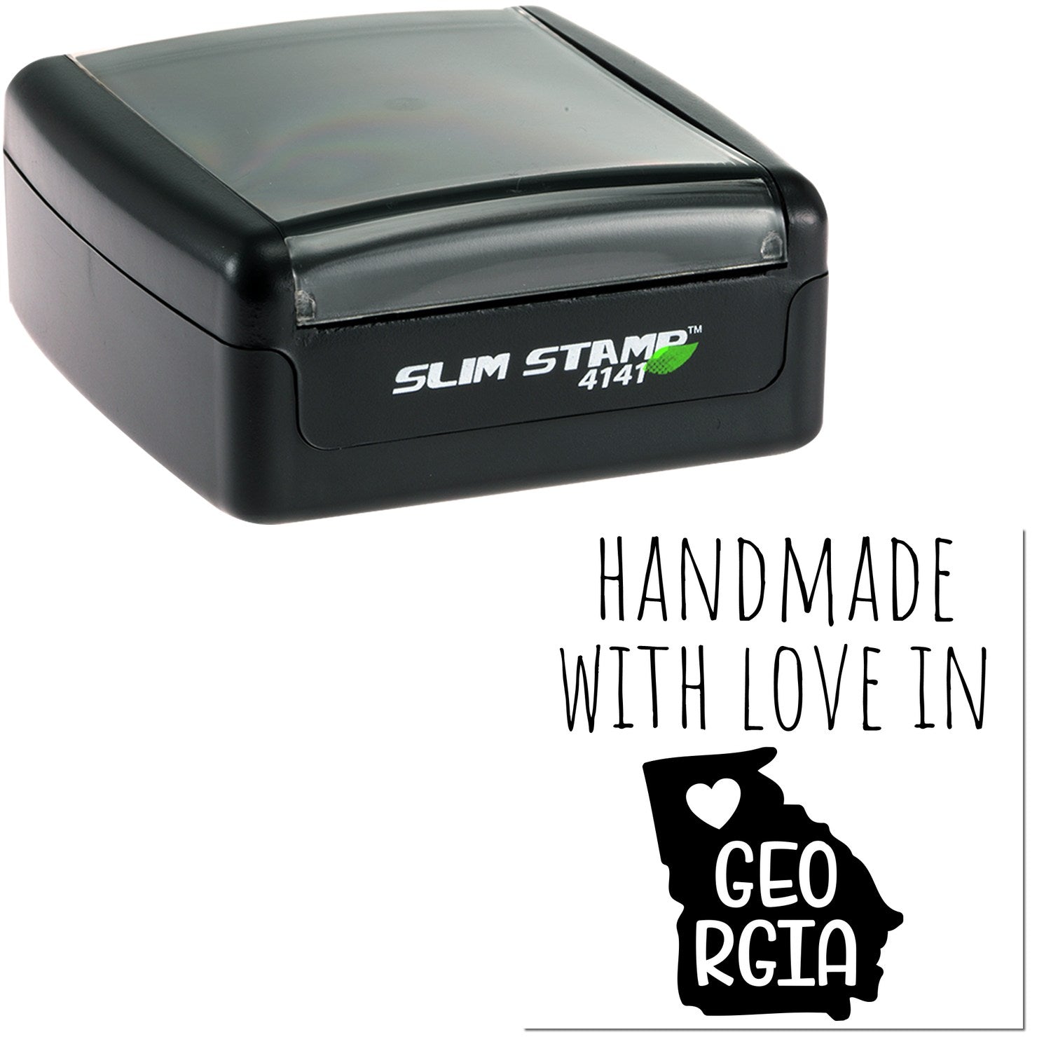 Handmade with Love in Georgia Slim Pre-Inked Stamp, featuring a sleek black design with 'Slim Stamp 4141' branding, and a graphic of Georgia state with a heart.