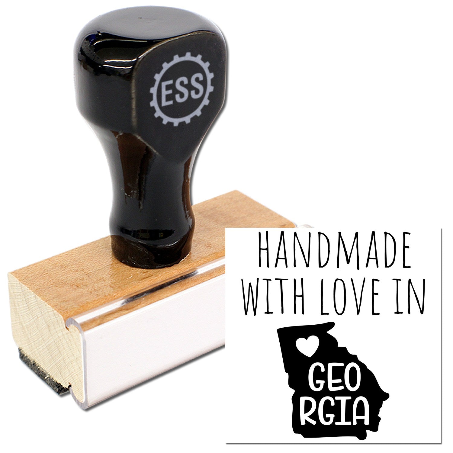 Wood Handle Georgia Handmade with Love Rubber Stamp featuring a black top with ESS logo, wooden base, and Handmade with Love in Georgia text. Perfect for crafting and personalizing.