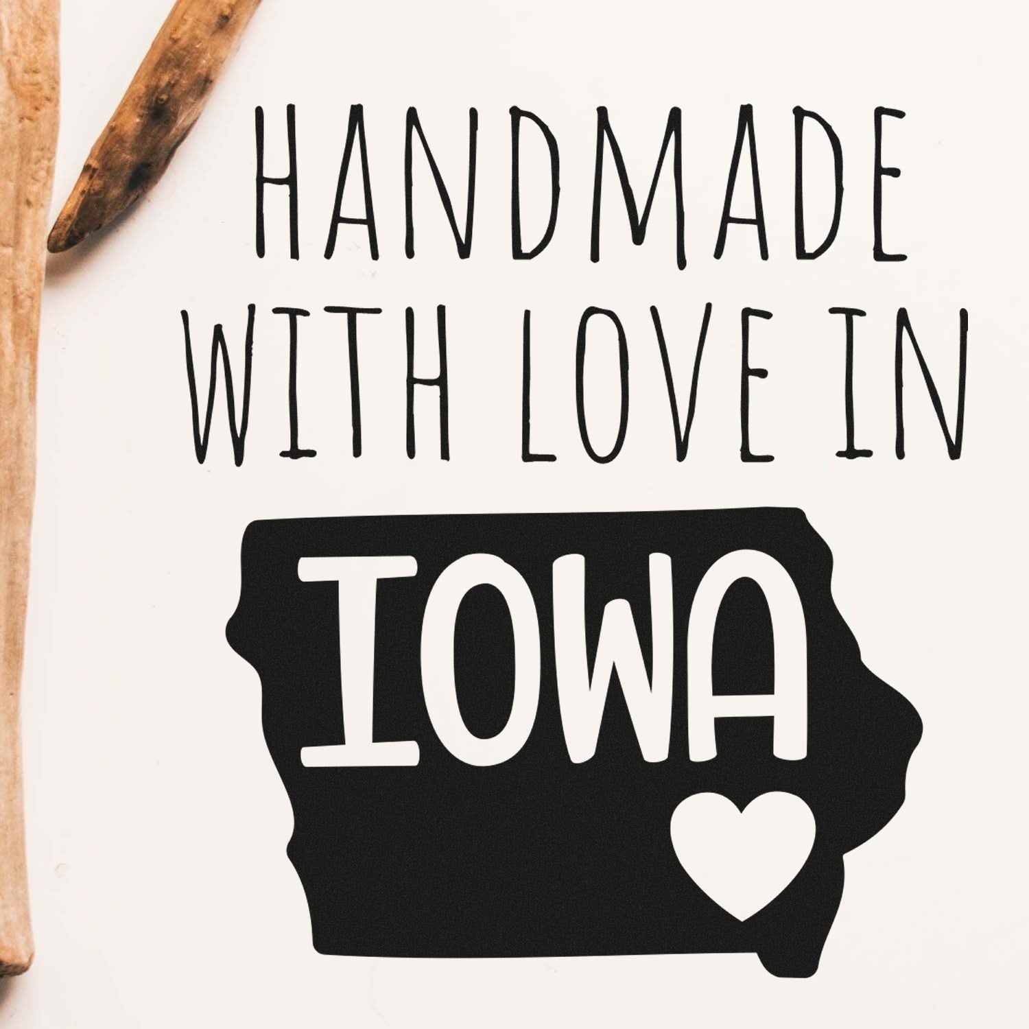 PSI Pre-Inked Handmade with Love in Iowa stamp featuring a heart and Iowa state outline, showcasing craftsmanship and local pride.