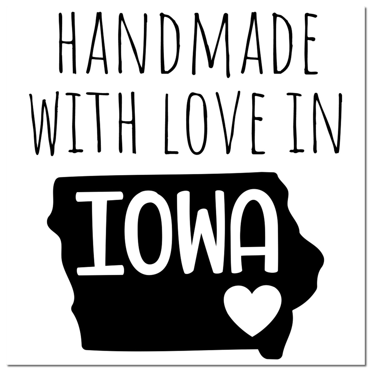 Wood Handle Iowa Handmade with Love Rubber Stamp featuring a black imprint of Iowa with Handmade with Love in Iowa text and a heart symbol, perfect for crafts and gifts.