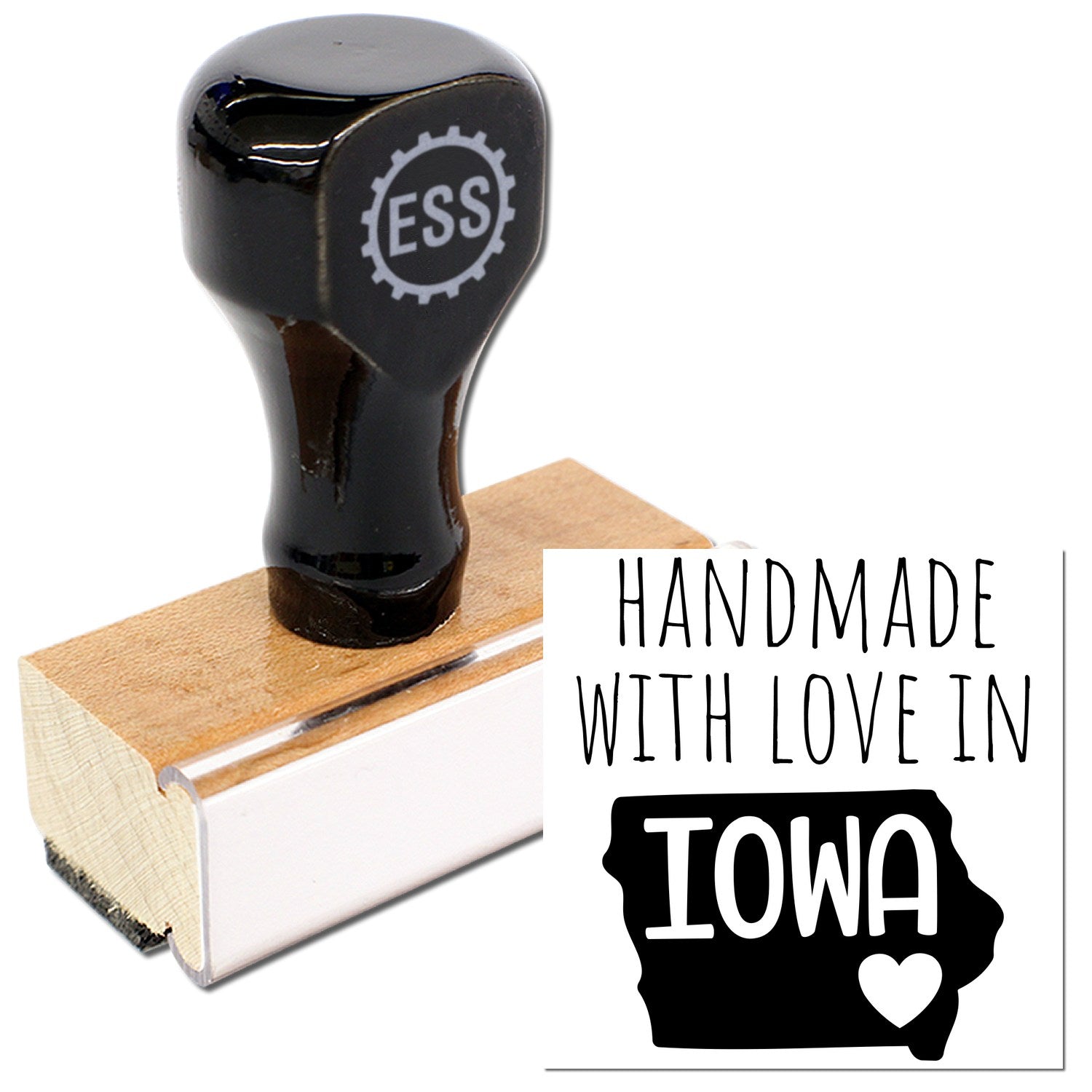 Wood Handle Iowa Handmade with Love Rubber Stamp featuring a black top with ESS logo, wooden base, and Handmade with Love in Iowa text. Perfect for crafts and personalized projects.