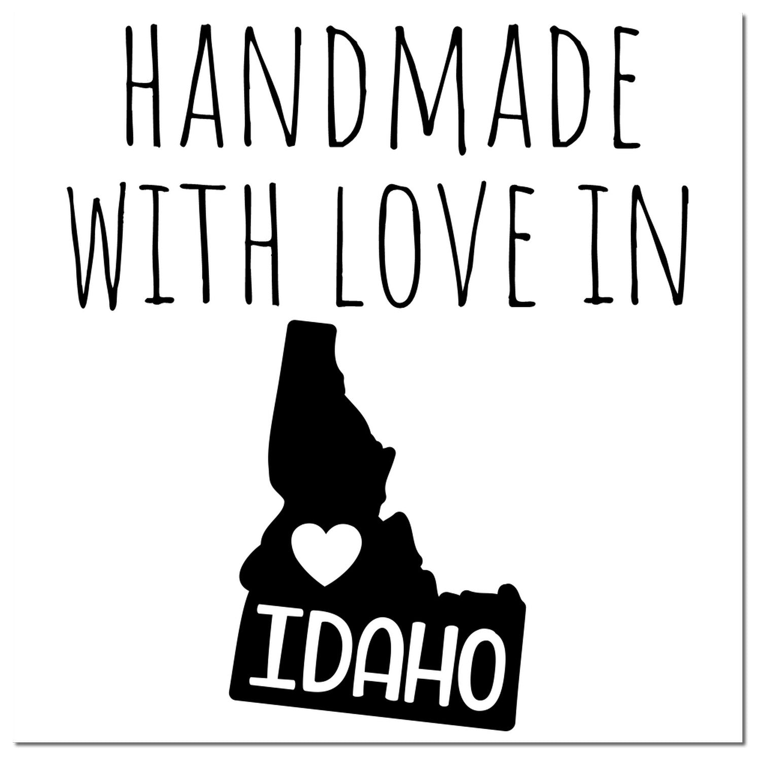 PSI Pre-Inked Handmade with Love in Idaho stamp featuring a black silhouette of Idaho with a heart, perfect for crafts and gifts.