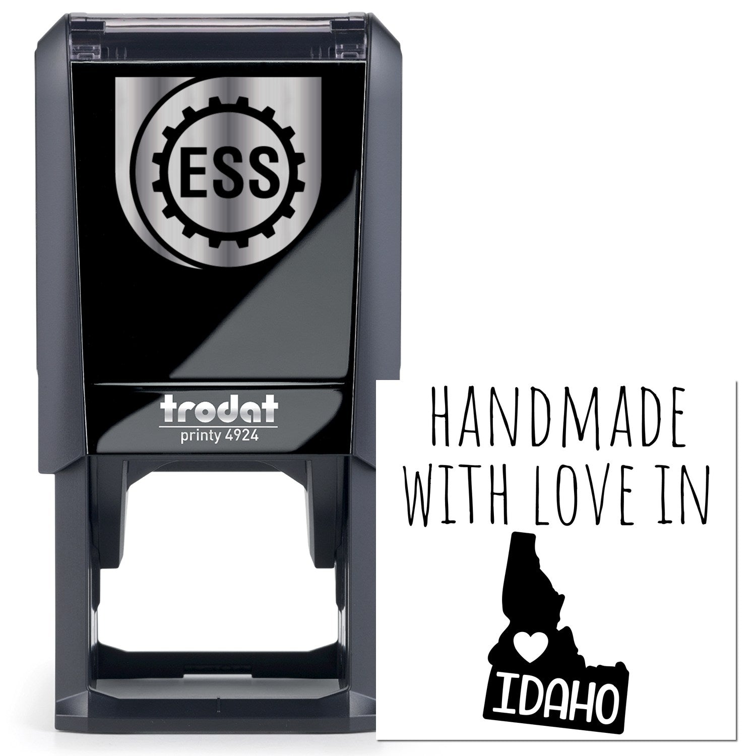 Self-Inking Idaho Handmade with Love Stamp featuring a black Trodat Printy 4924 with ESS logo, and a stamp design of Idaho state outline with heart and text Handmade with Love in Idaho.