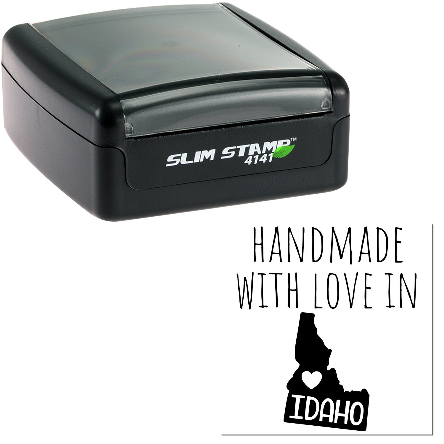 Handmade with Love in Idaho Slim Pre-Inked Stamp, featuring a sleek black design with 'Slim Stamp 4141' branding, and an Idaho state outline with heart graphic.