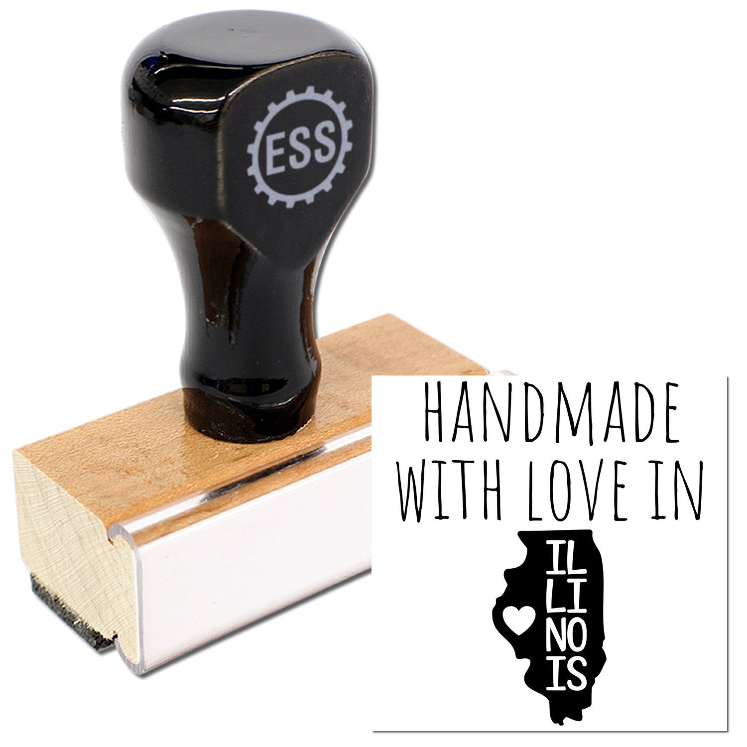 Wood Handle Illinois Handmade with Love Rubber Stamp featuring a sleek black top and natural wood base, alongside a stamped design of Illinois with Handmade with Love text. Perfect for crafts.