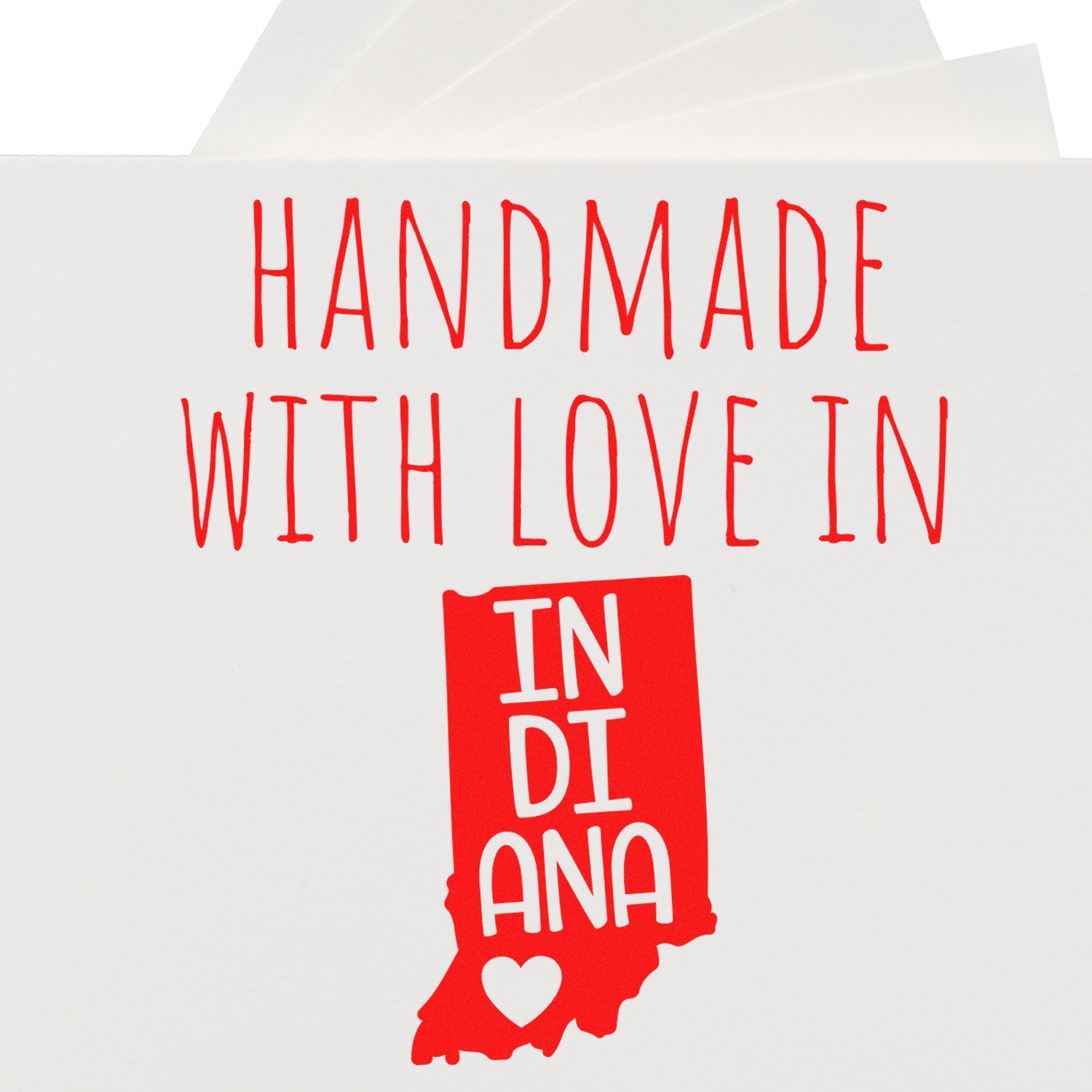 Self-Inking Indiana Handmade with Love Stamp featuring a red Indiana state outline with 'Handmade with Love in Indiana' text, perfect for crafts and gifts.