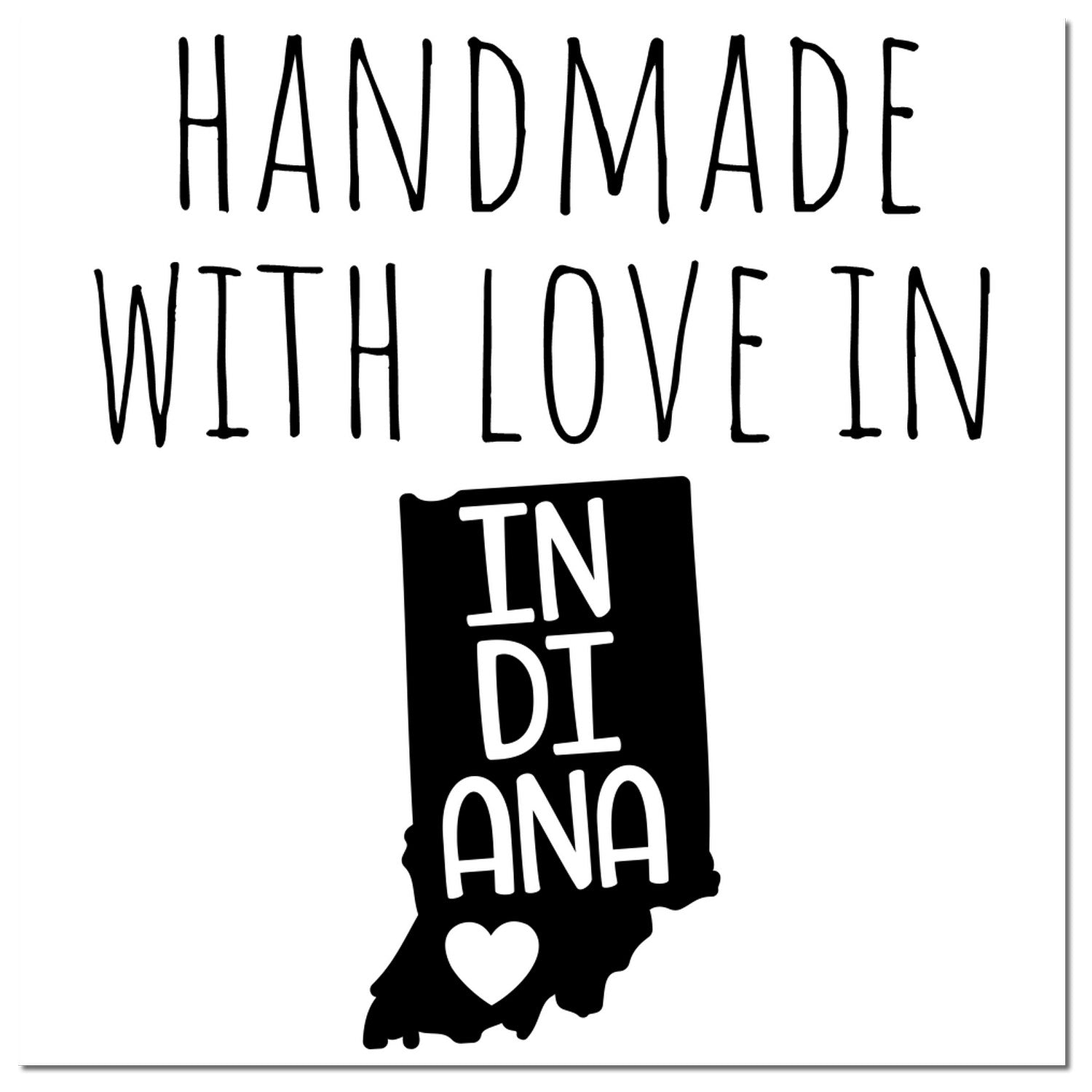 Self-Inking Indiana Handmade with Love Stamp featuring a black imprint of Indiana state with 'Handmade with Love in Indiana' text and a heart symbol. Perfect for crafts and gifts.