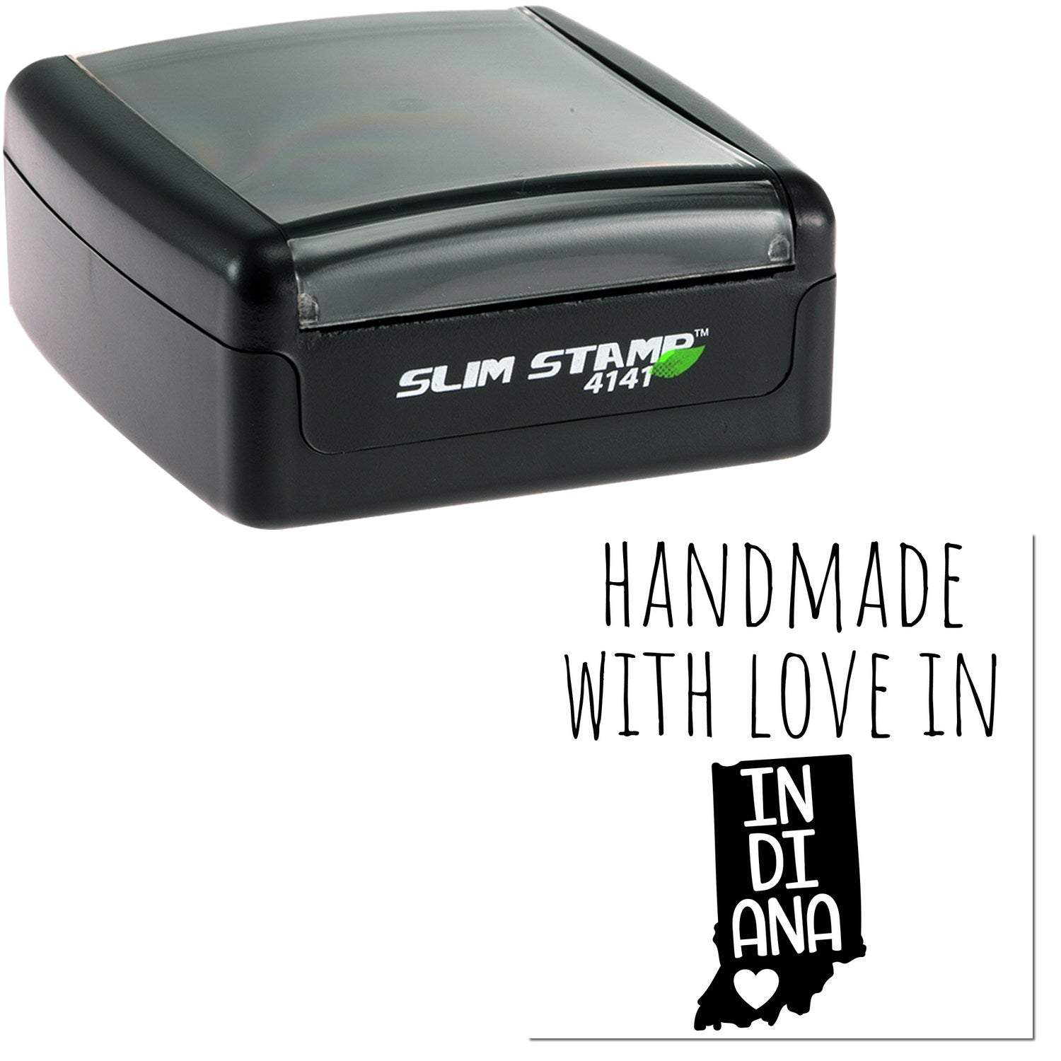 Handmade with Love in Indiana Slim Pre-Inked Stamp, featuring a sleek black design with 'Slim Stamp 4141' branding, perfect for personalized stamping needs.