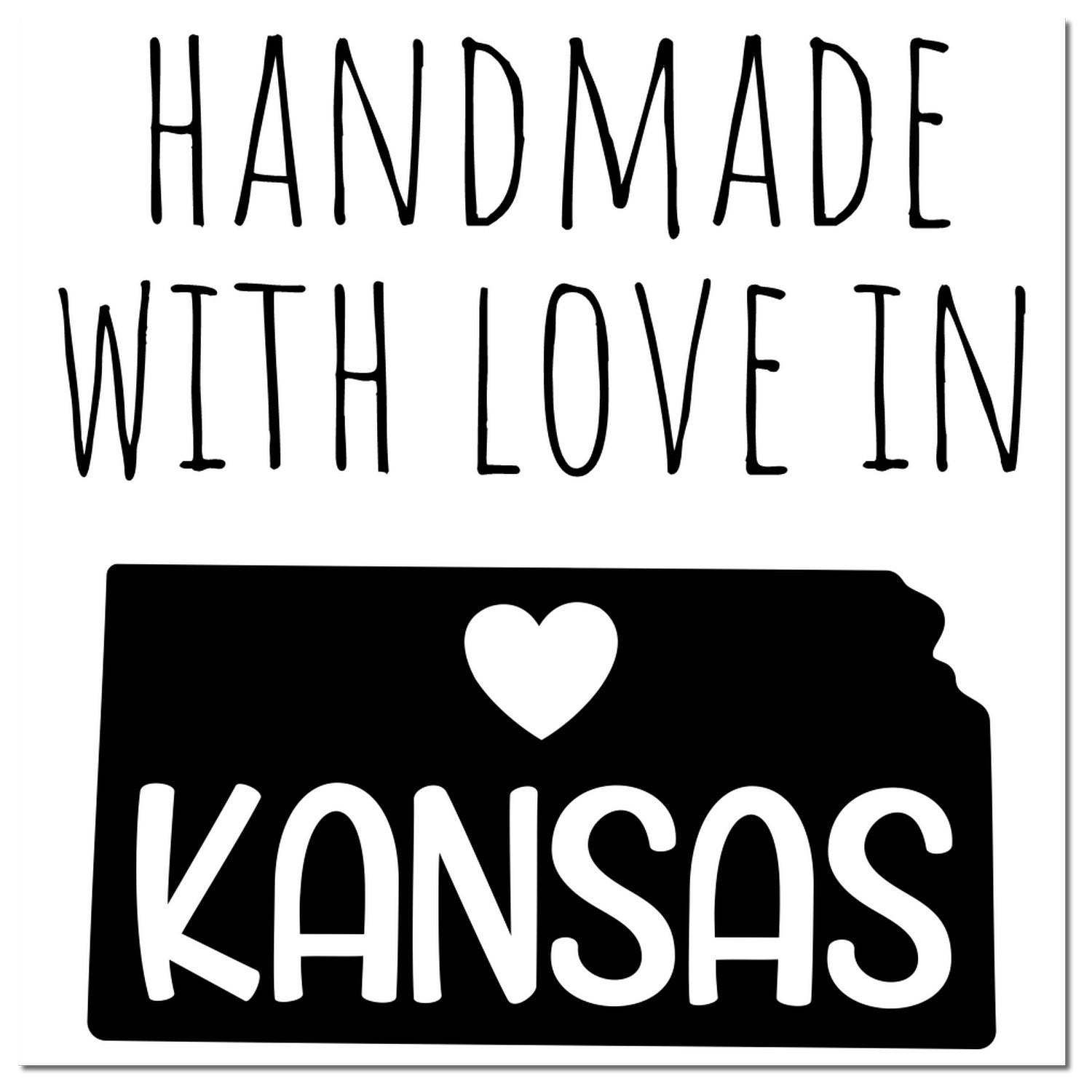 Self-Inking Kansas Handmade with Love Stamp featuring a black silhouette of Kansas with a heart and bold text. Perfect for adding a personal touch to crafts and gifts.