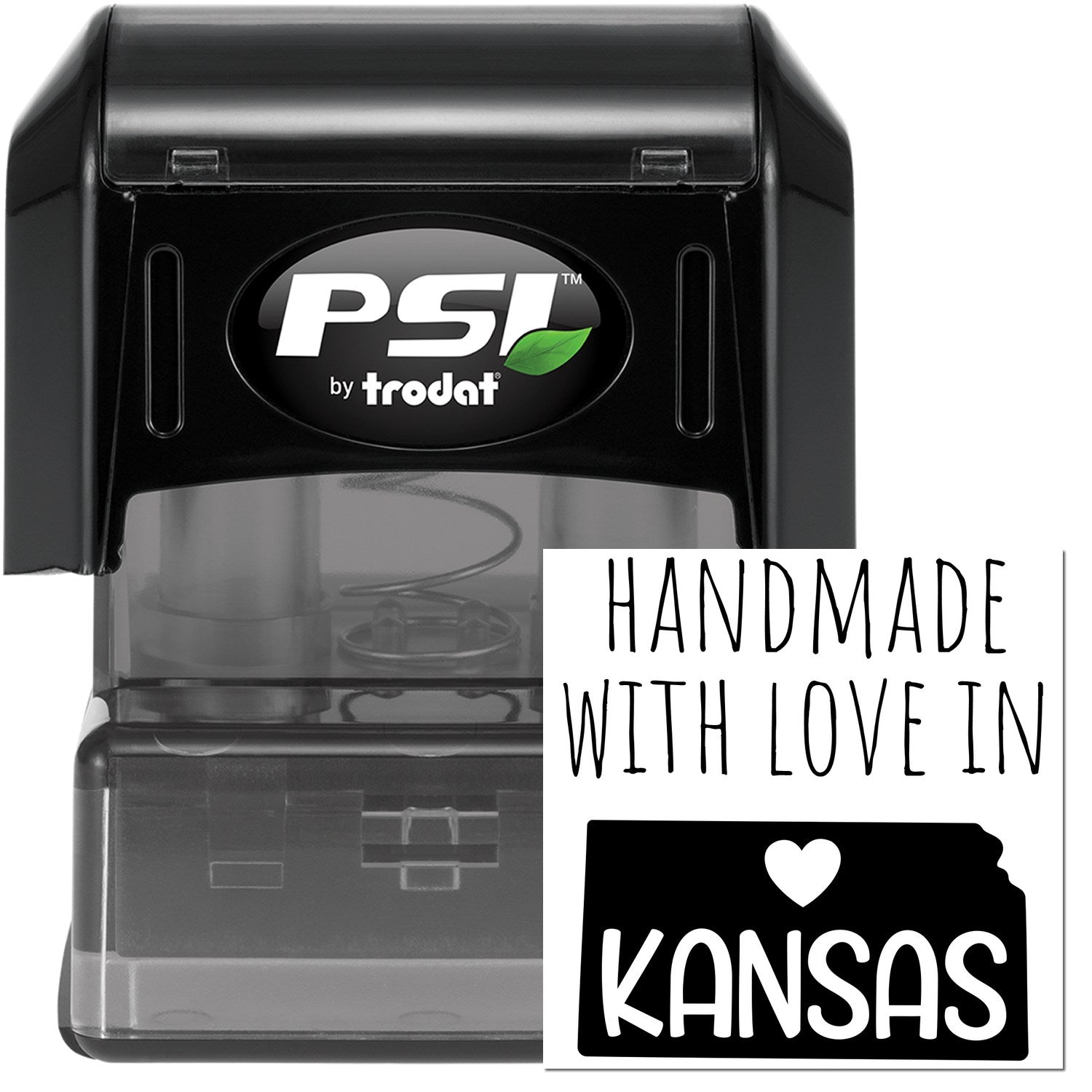 PSI Pre-Inked Handmade with Love in Kansas stamp, featuring a black casing and a Handmade with Love in Kansas imprint design, perfect for adding a personal touch to crafts and gifts.