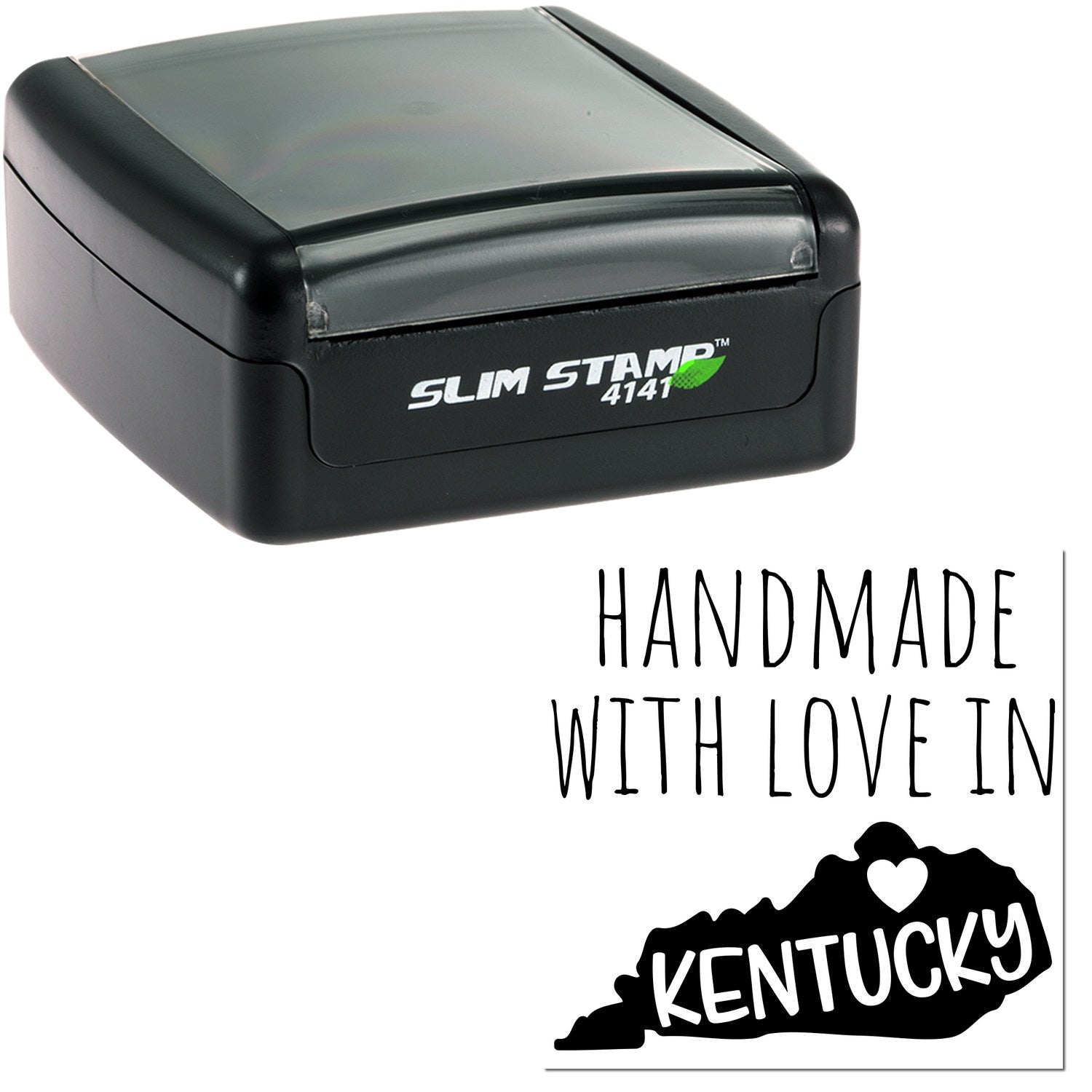 Handmade with Love in Kentucky Slim Pre-Inked Stamp, black casing, compact design, featuring Slim Stamp 4141 text. Ideal for personalized stamping needs.