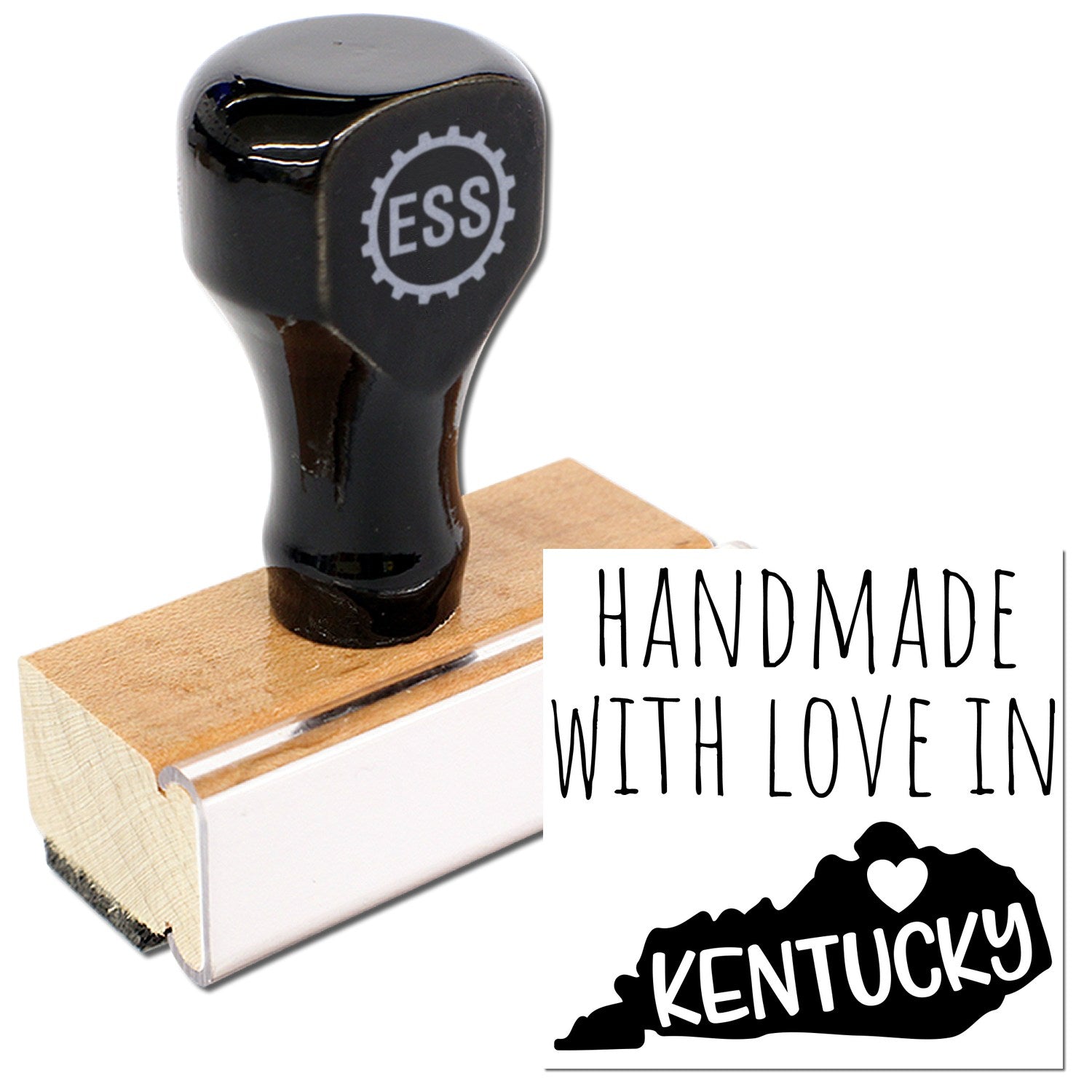 Wood Handle Kentucky Handmade with Love Rubber Stamp featuring a black handle and wooden base, showcasing Handmade with Love in Kentucky design. Perfect for crafts and personalized projects.