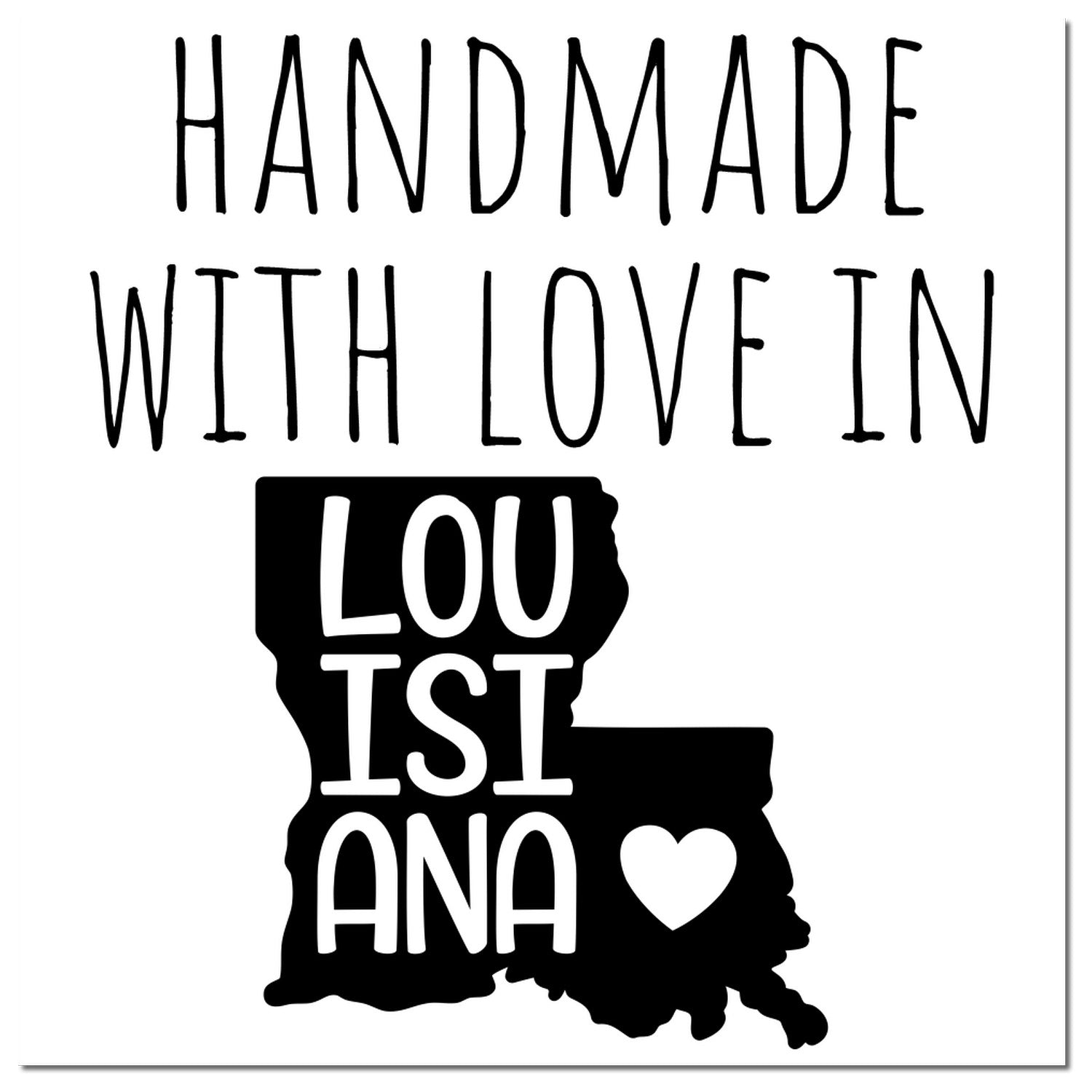 Wood Handle Louisiana Handmade with Love Rubber Stamp featuring a black silhouette of Louisiana with a heart, and the text Handmade with Love in Louisiana above. Perfect for crafts and gifts.