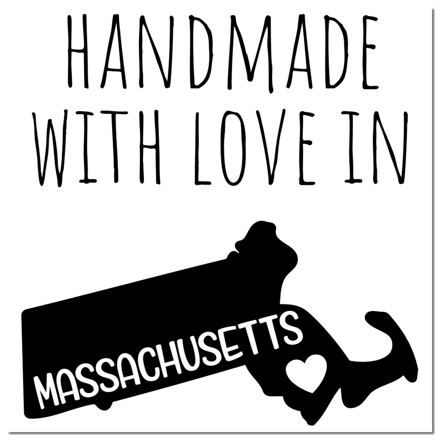 Handmade with Love in Massachusetts Slim Pre-Inked Stamp featuring a black silhouette of Massachusetts with a heart, perfect for personalized crafts and gifts.