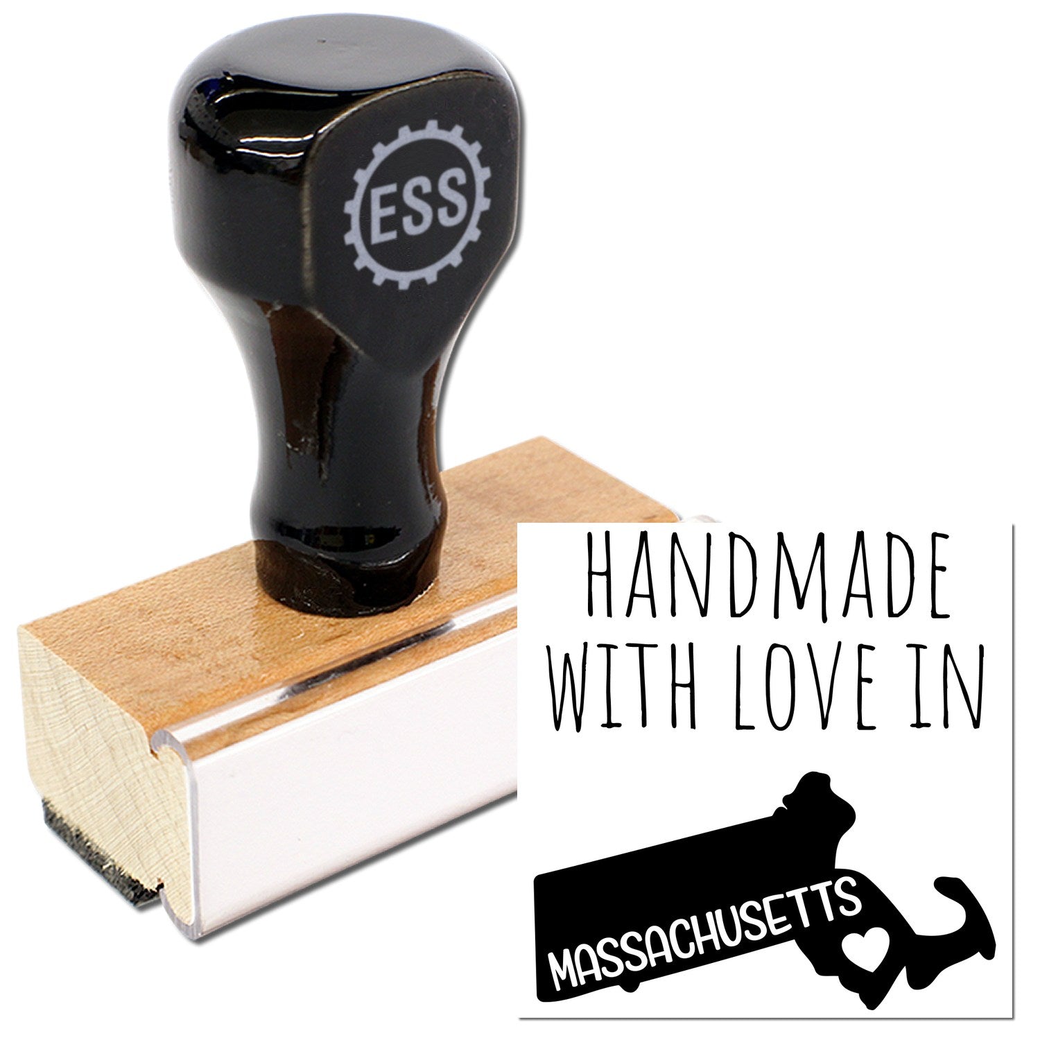 Wood Handle Massachusetts Handmade with Love Rubber Stamp featuring a black handle and wooden base, showcasing Handmade with Love in Massachusetts text and state silhouette.