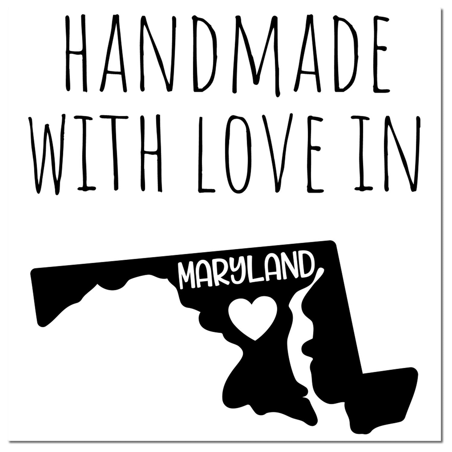 Self-Inking Maryland Handmade with Love Stamp featuring a black imprint of Maryland's outline with Handmade with Love text. Perfect for crafts and gifts.